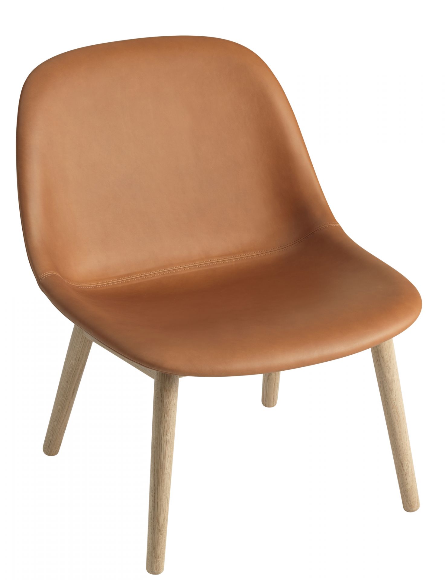 Muuto Fiber Lounge Chair mit Holzgestell, braunes Leder, moderner Sessel für Wohnzimmer.