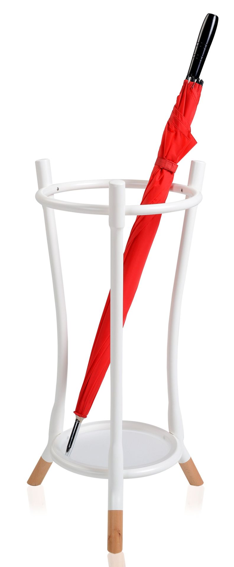 Cloud Schirmständer von Wiener GTV Design mit rotem Regenschirm in modernem, weißem Gestell mit Holzfüßen.