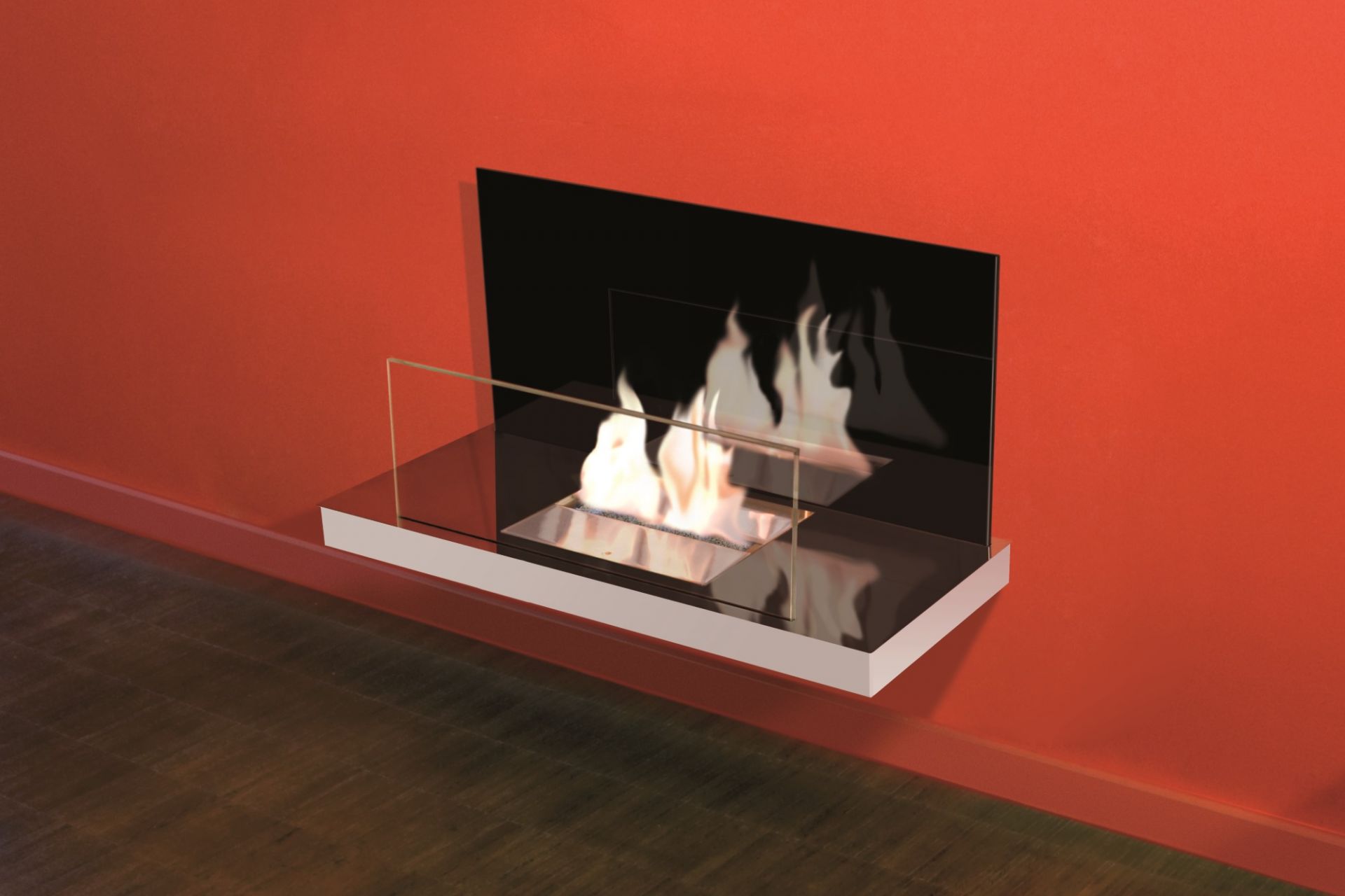 Wall Flame 2 Ethanol Kamin Radius an roter Wand mit Glasumrandung und brennenden Flammen.