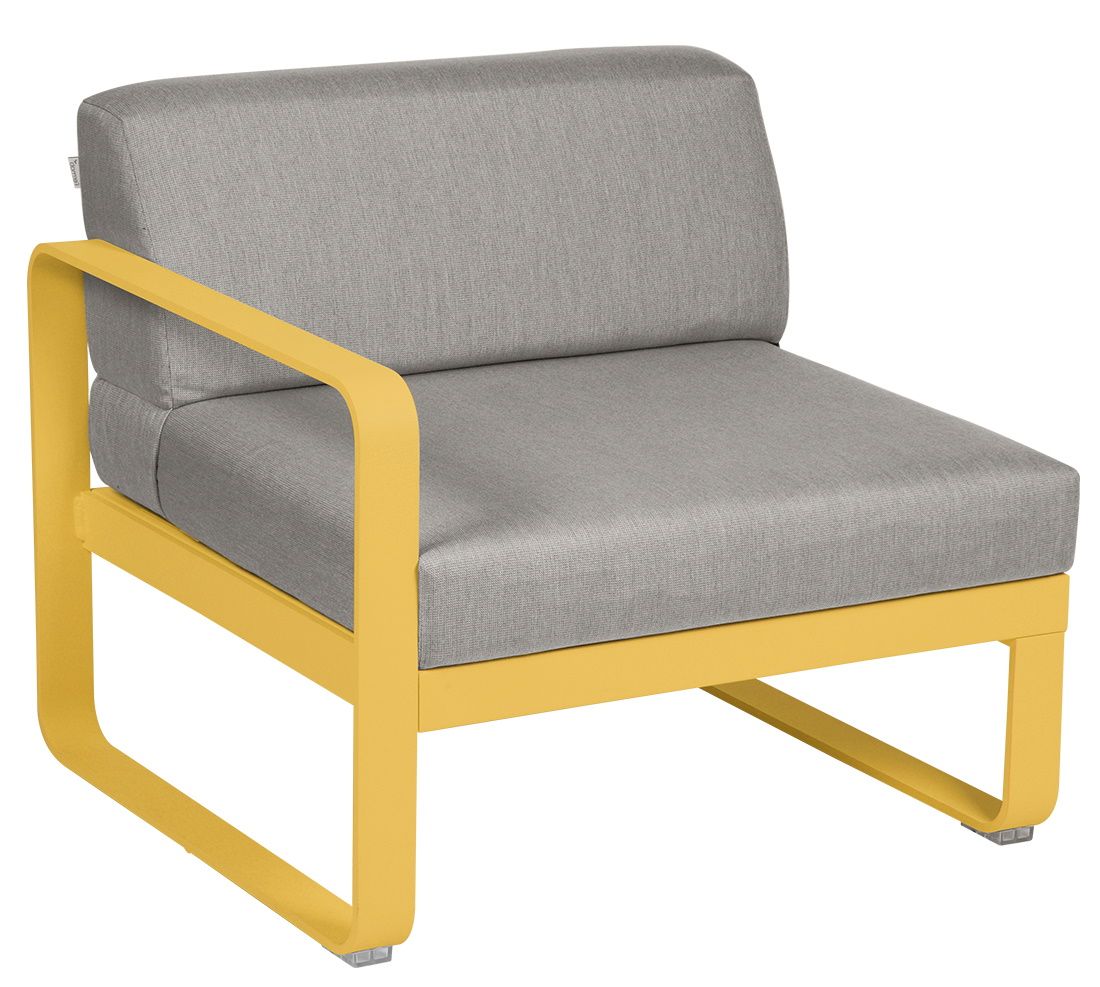 Bellevie Outdoor Modulsofa 1-Sitzer links von Fermob, gelbes Gestell, graue Polsterung für Garten und Terrasse.
