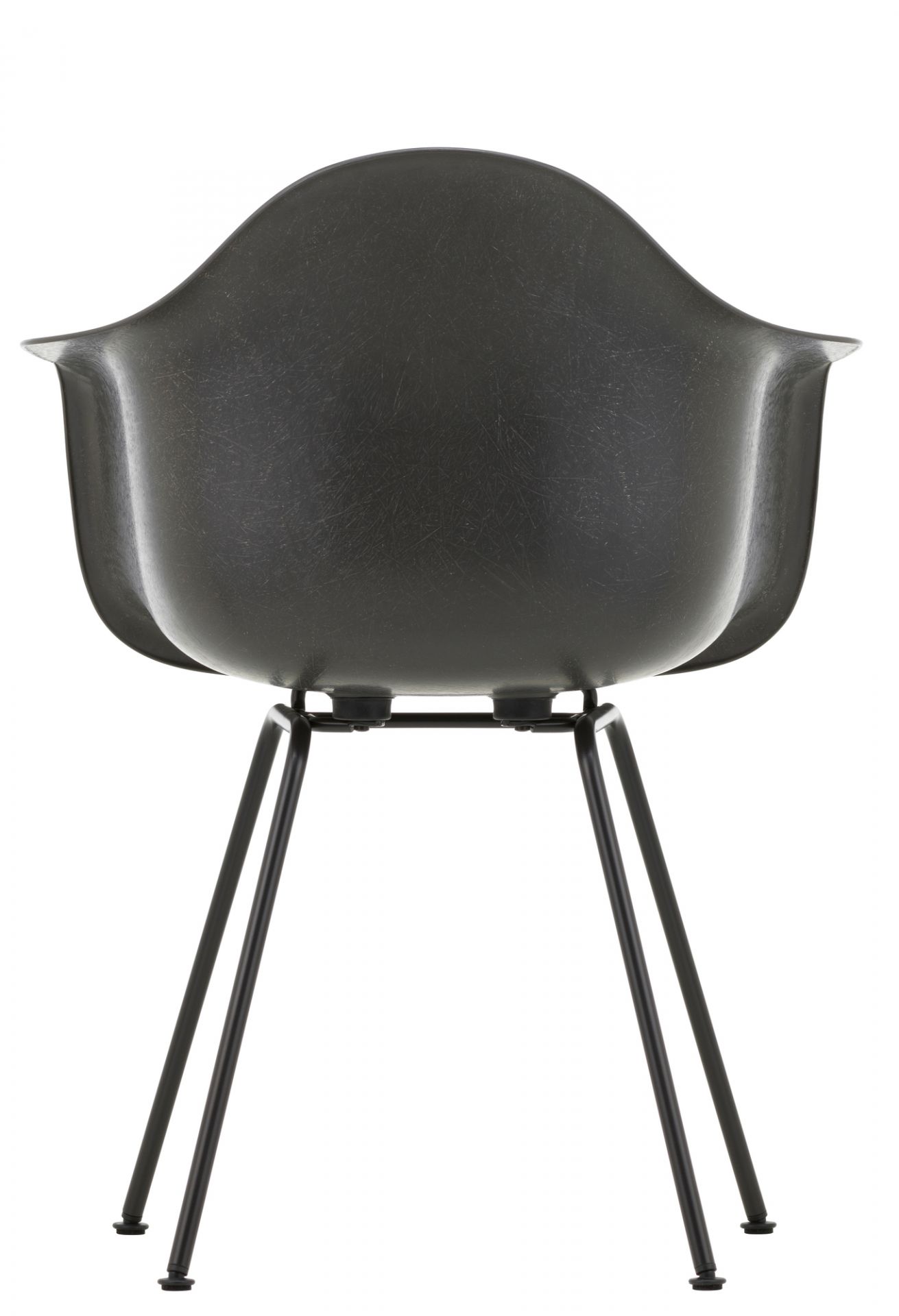 Rückansicht des schwarzen Eames Fiberglas Arm Chair DAX Stuhl von Vitra mit Metallbeinen.