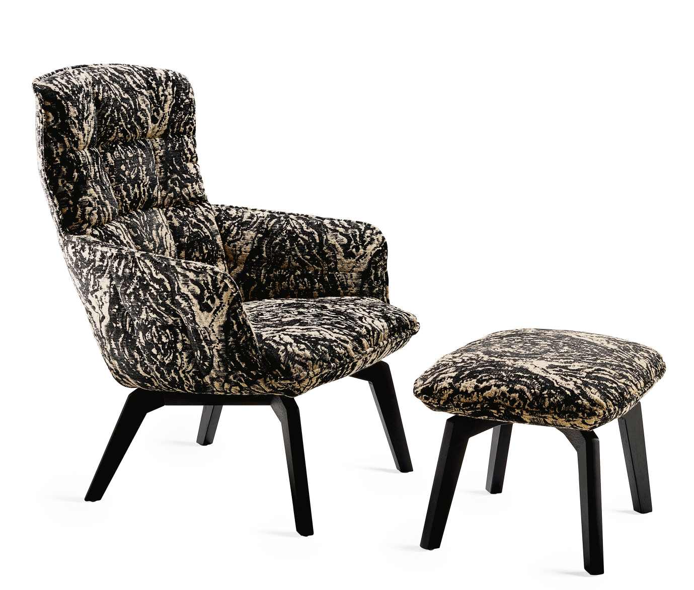 Marla Easy Chair High Sessel mit Hocker, gemustert in Schwarz-Beige, Freifrau Manufaktur.