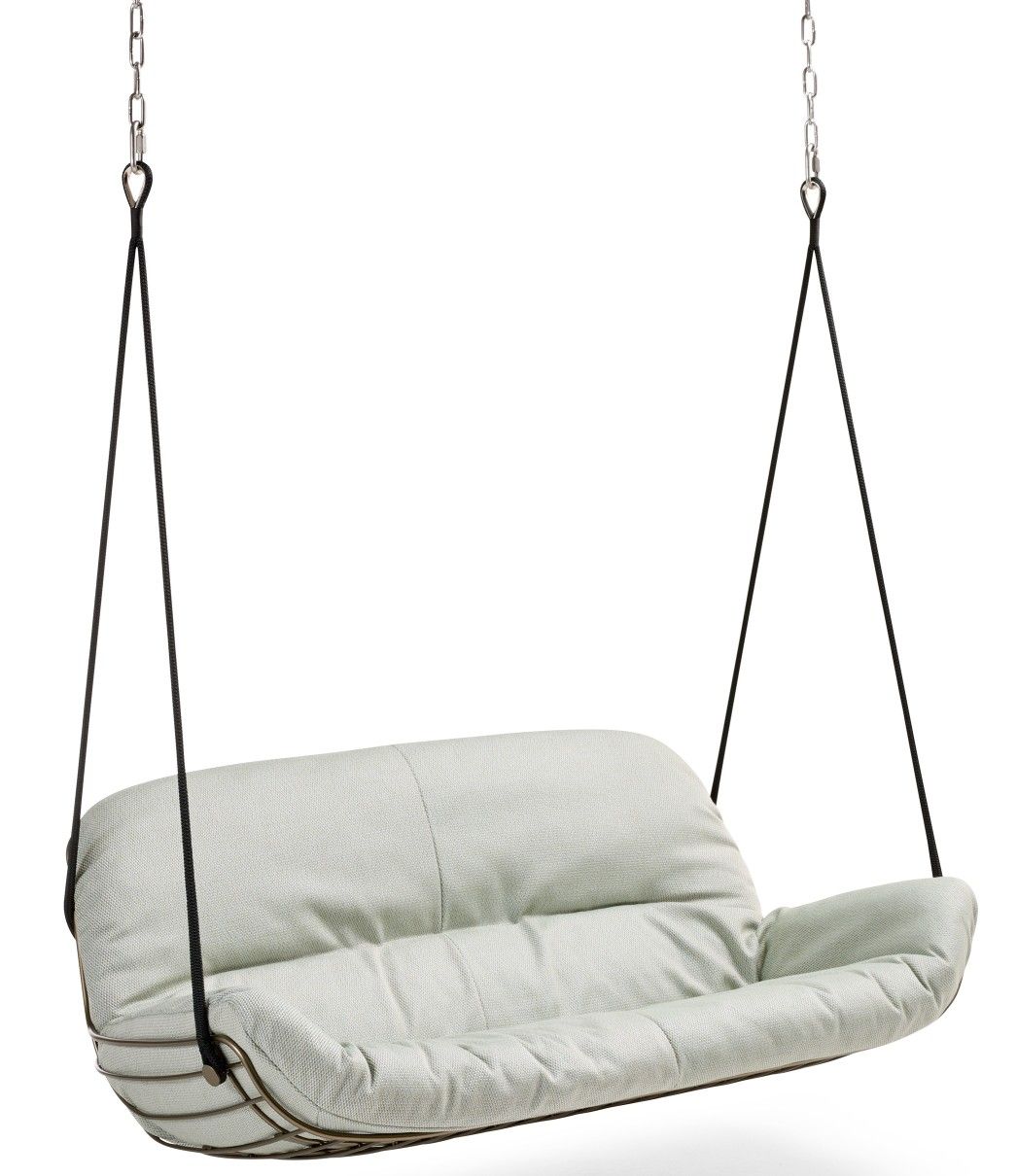 Freifrau Leyasol Lounge Couch Hängesessel für Innen und Außen, hellgraues Lounge Sofa mit Kettenaufhängung.