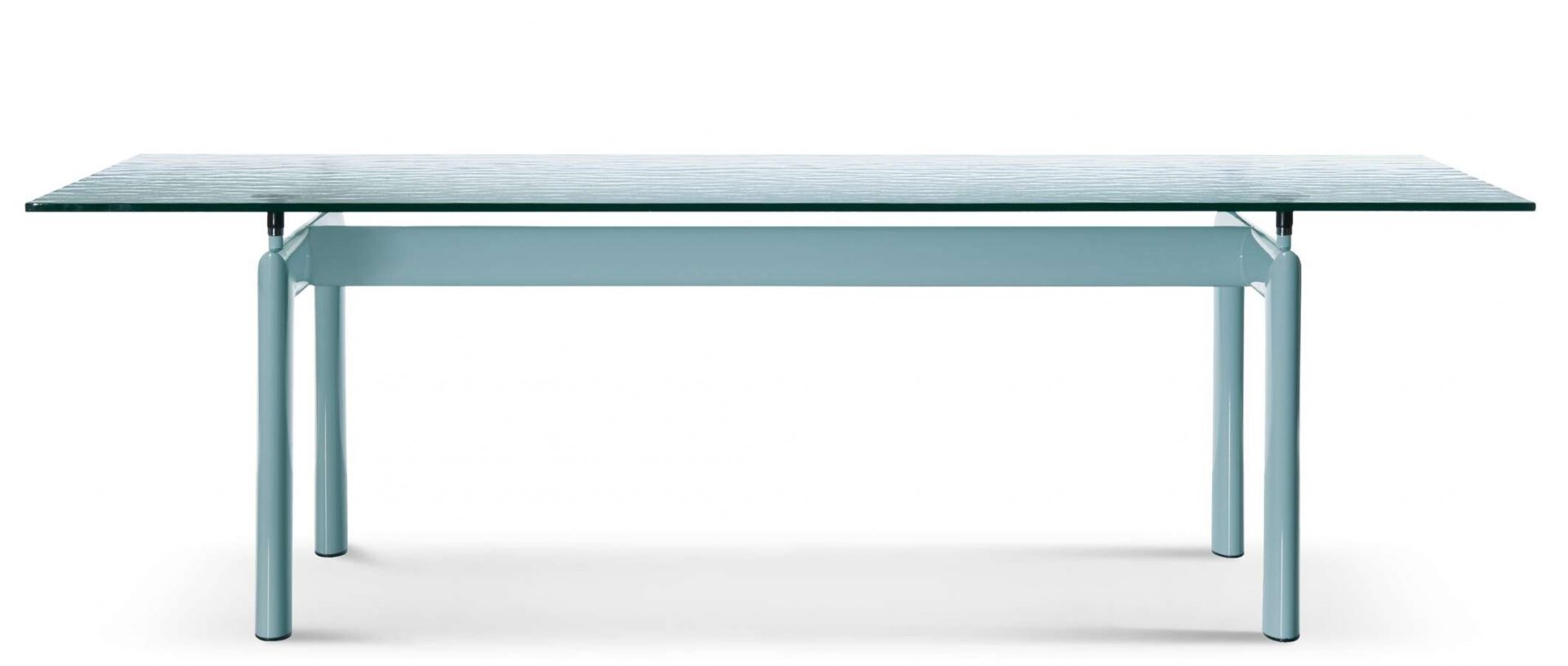 LC6 Tisch von Cassina mit Glasplatte und blauem Stahlrohrgestell für Esszimmer.