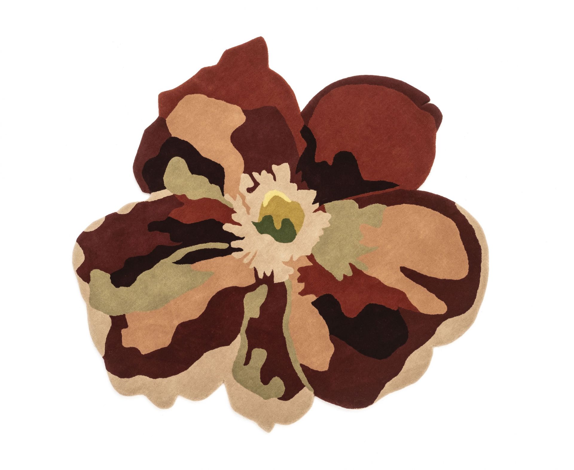 Nanimarquina Flora Bloom Teppich, 170x150 cm, blütenförmig, braun, beige, grün, moderner Designer Teppich.