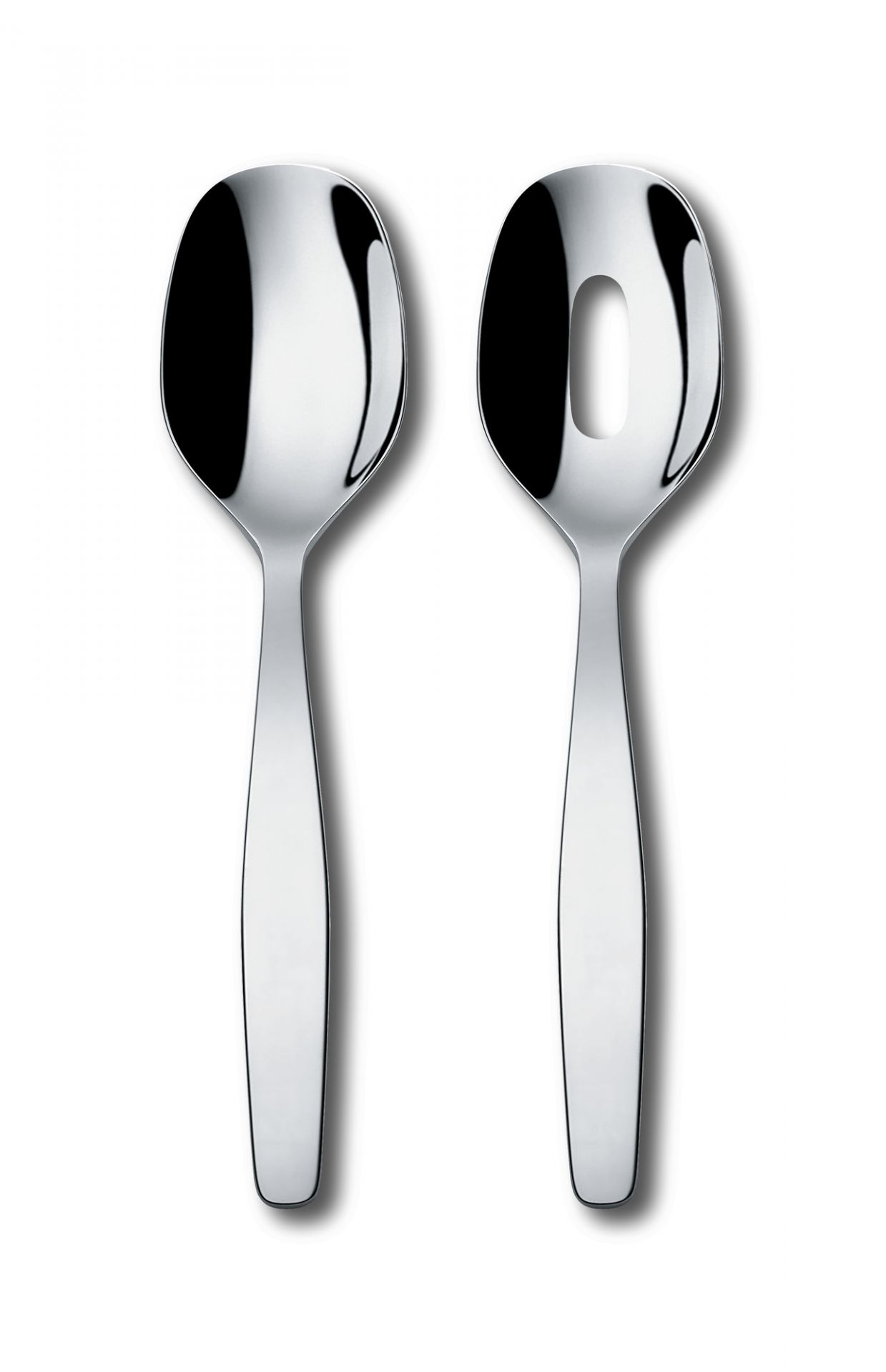 Alessi Itsumo Salatbesteck aus Edelstahl, bestehend aus Löffel und durchbrochenem Servierlöffel.
