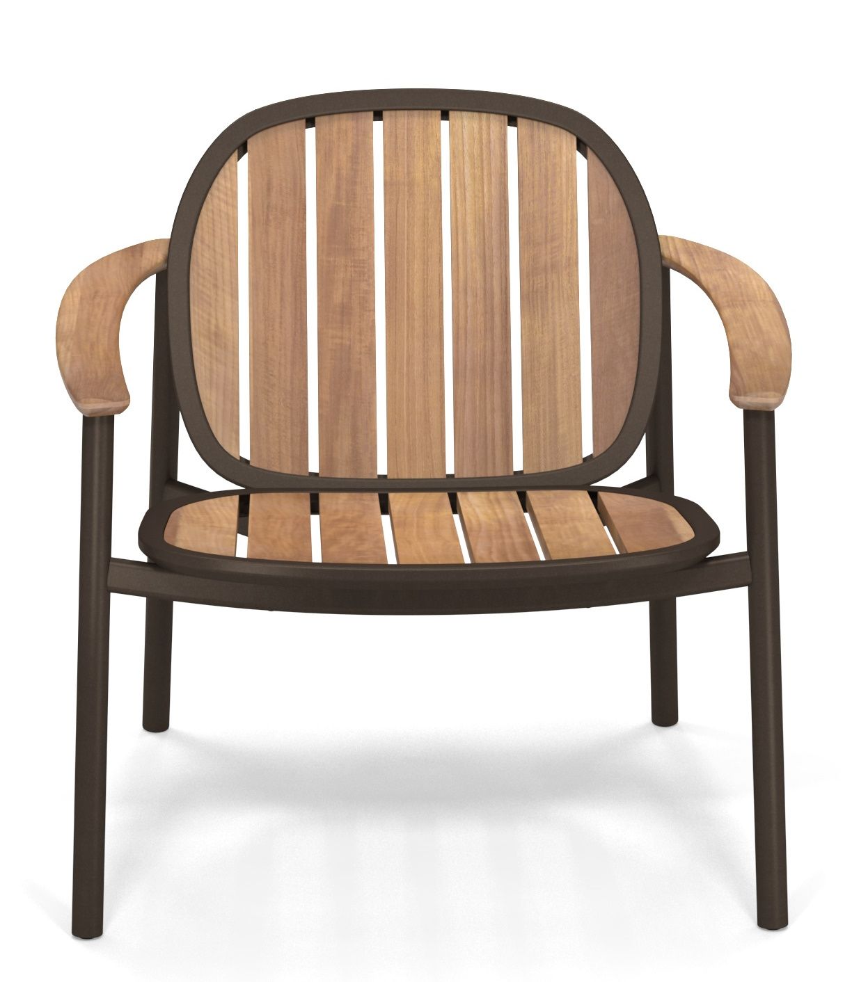 Twins Lounge Chair Armlehnen Stuhl Outdoor Emu mit Holzlatten und braunem Metallgestell, Frontansicht.