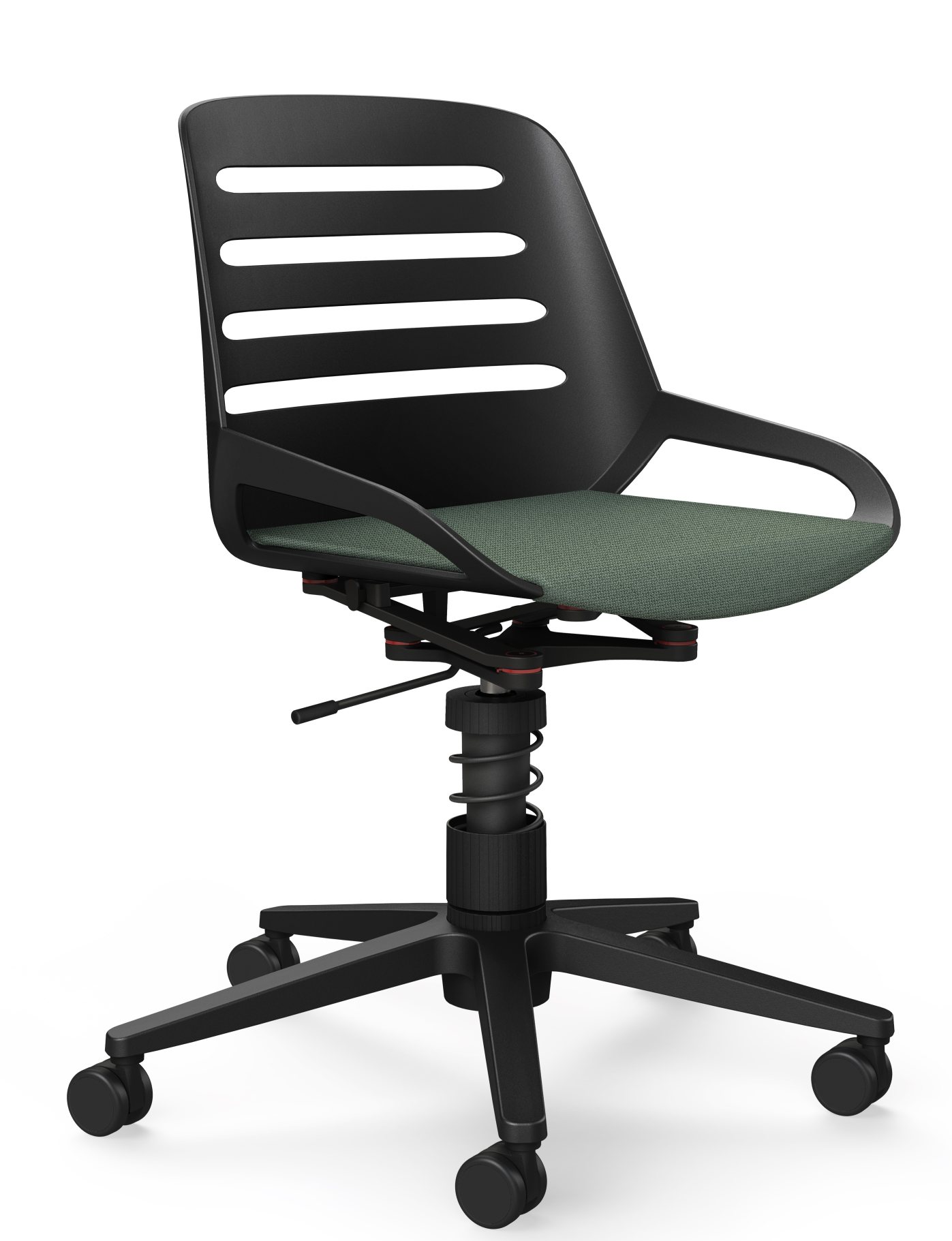 Numo Task Bürodrehstuhl von Aeris in Schwarz mit Rollen und grünem Sitzpolster für ergonomisches Sitzen.
