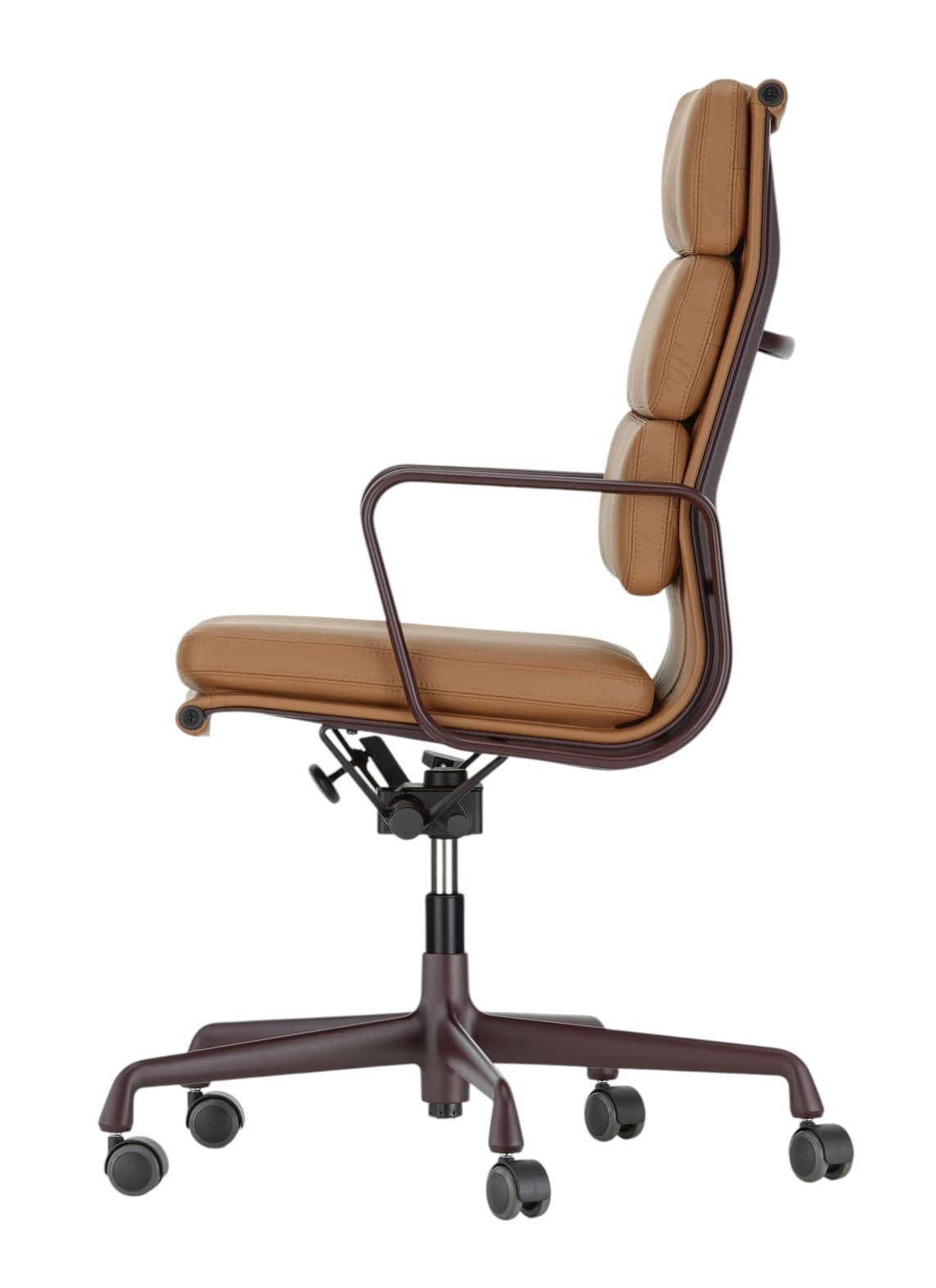 Brauner Soft Pad Chair EA 219 von Vitra, Bürostuhl mit Lederpolsterung und Armlehnen, Seitenansicht.