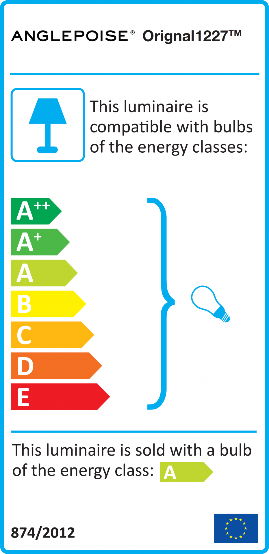 Anglepoise Original 1227 Energieetikett: Kompatible Leuchtmittel Energieklassen A++ bis E, inklusive Leuchtmittel Energieklasse A.