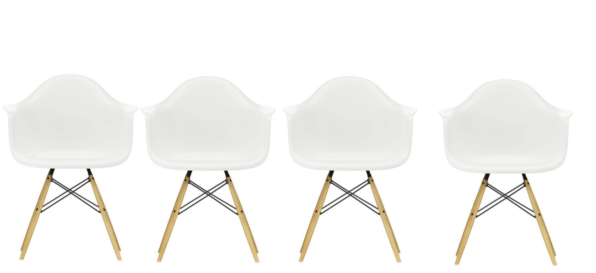 Vitra Eames Plastic Arm Chair DAW Stuhl 4er Set, weiße Sitzschale, Ahorn Gestell.