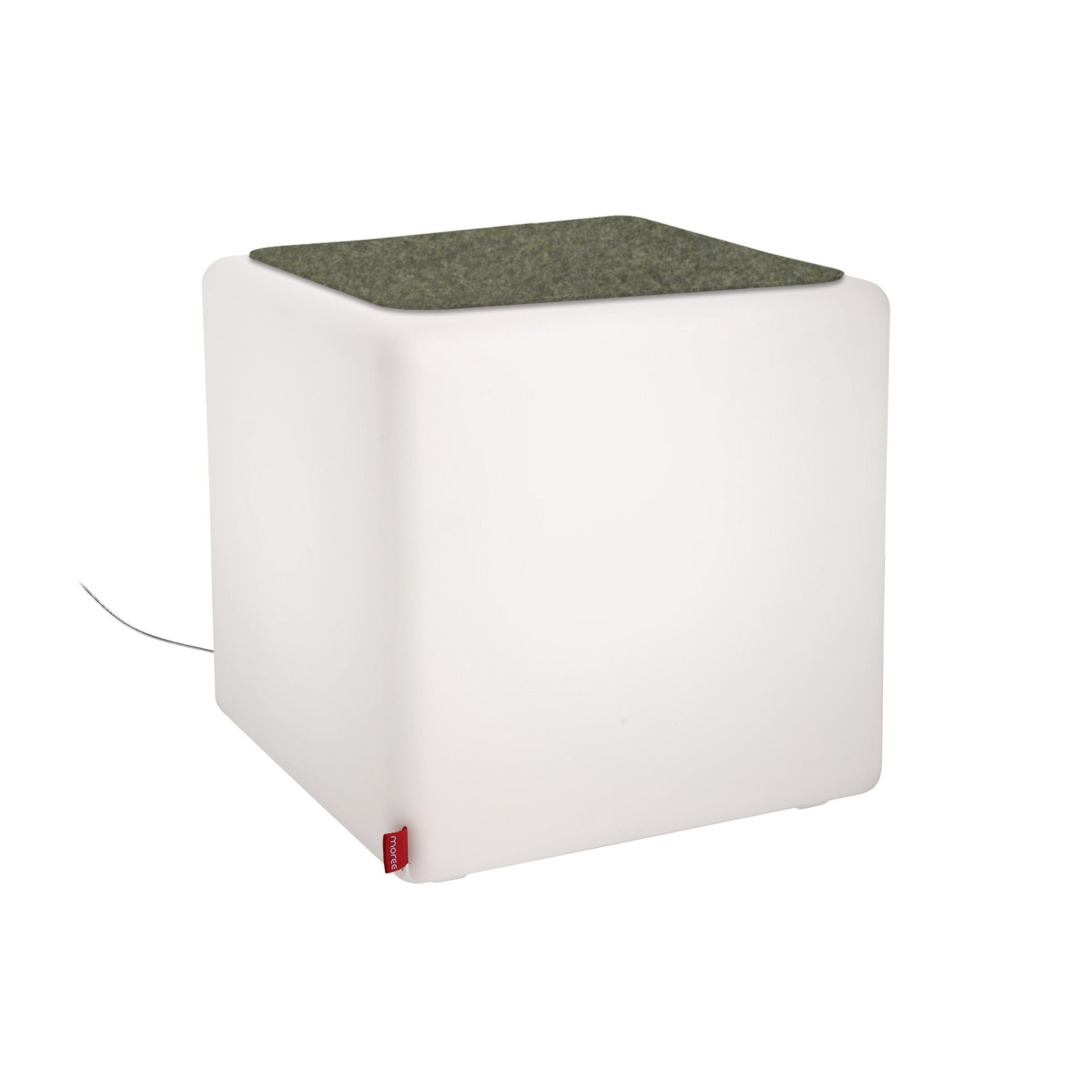CUBE Hocker von Moree: Weißer, leuchtender Würfel mit Filzauflage als Sitzhocker oder Beistelltisch.