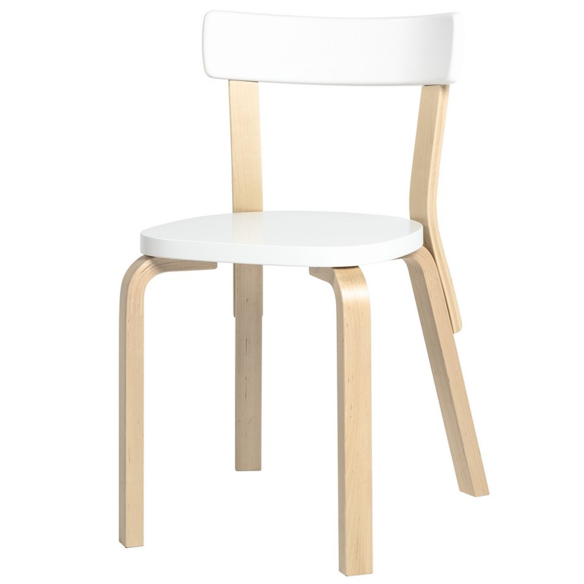 Artek Stuhl 69: Weißer Holzstuhl mit runder Sitzfläche und Rückenlehne, skandinavisches Design.