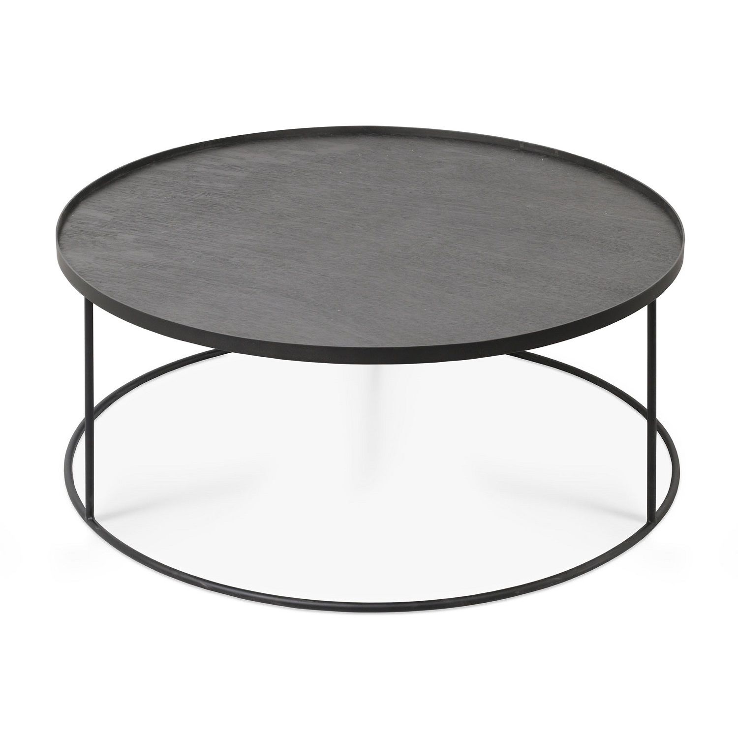 Ethnicraft Couchtisch: Runder, schwarzer Tabletttisch mit filigranem Metallgestell für Wohnzimmer und Lounge.