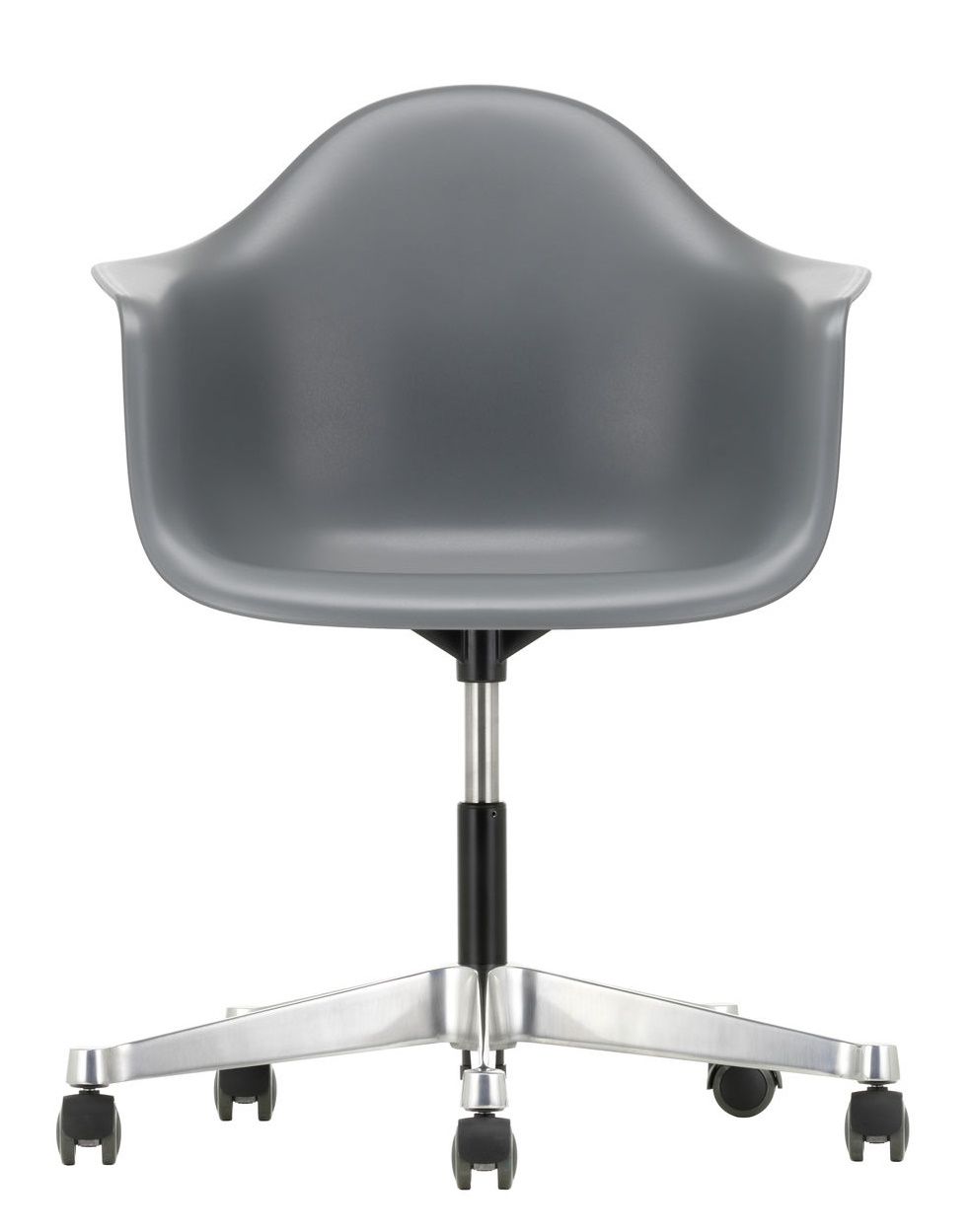 Grauer Eames Plastic Arm Chair PACC Stuhl von Vitra mit Rollen und silbernem Fußkreuz, Ansicht von vorne.