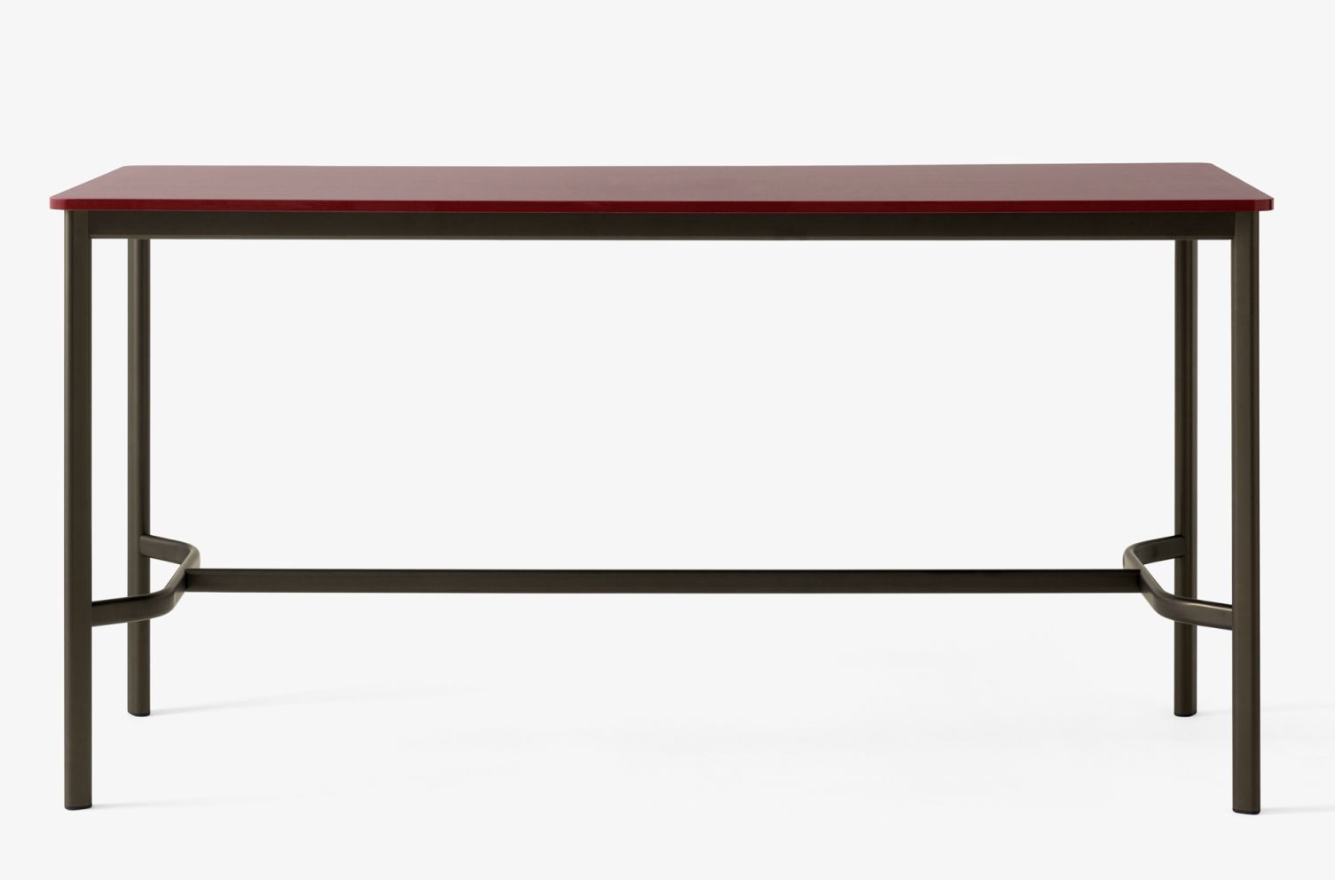 AndTradition Drip High Table: Moderner Stehtisch mit bordeauxroter Tischplatte und dunklem Metallgestell für Büro und Zuhause.