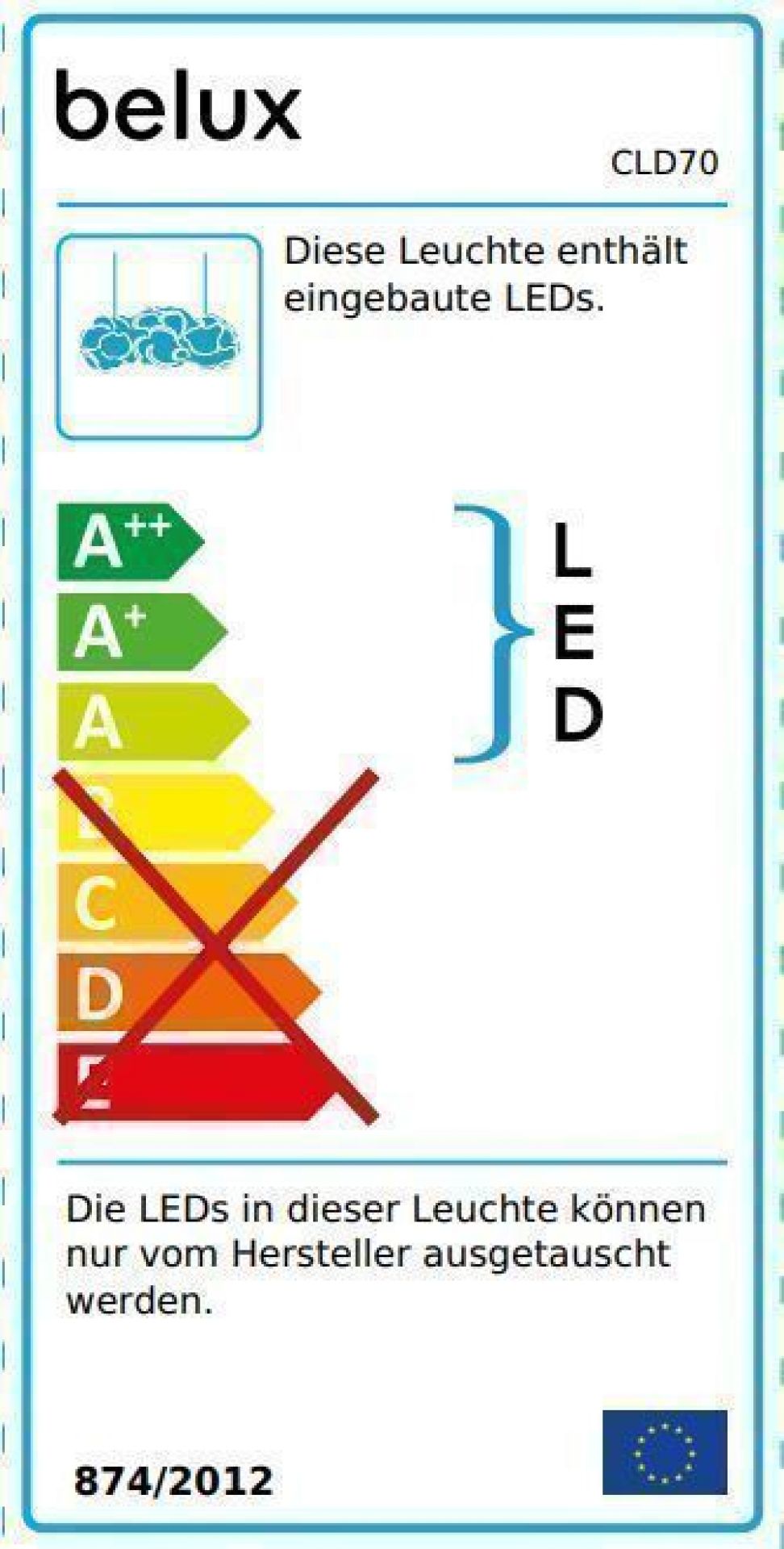 Energieeffizienzlabel der Belux Mamacloud LED Pendelleuchte, zeigt Energieklasse A++ und fest verbaute LEDs.