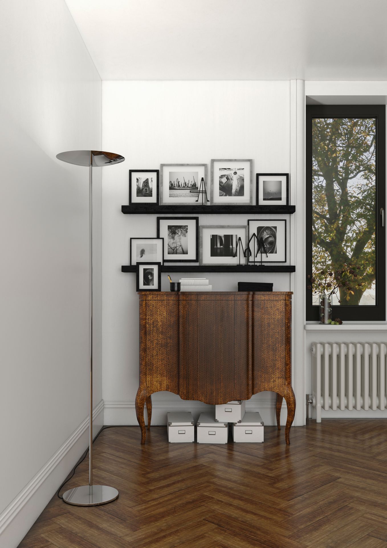 Helle Inneneinrichtung mit Belux Classic LED Stehleuchte, Kommode, Dekoration und Fenster mit Blick auf einen Baum.