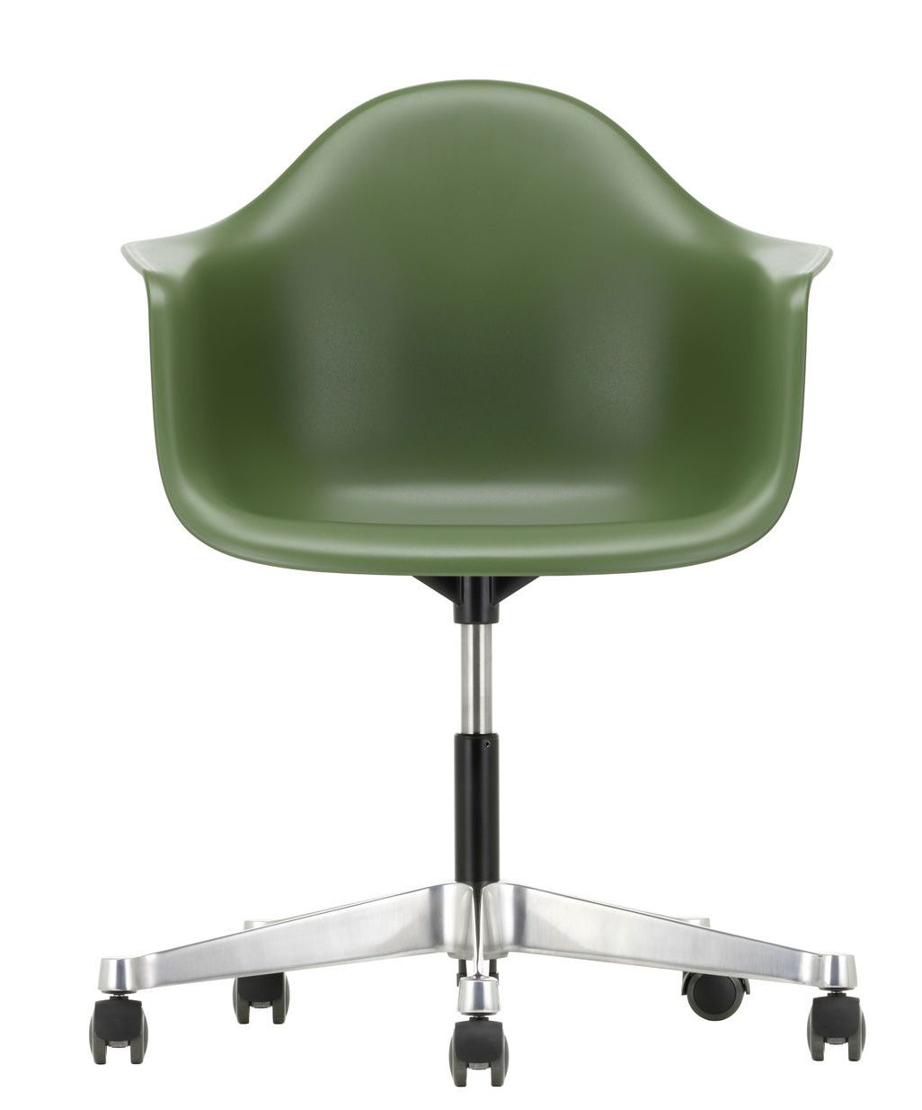 Vitra Eames Plastic Arm Chair PACC in Olivgrün mit Rollenfuß, Frontansicht. Bürostuhl Designklassiker.