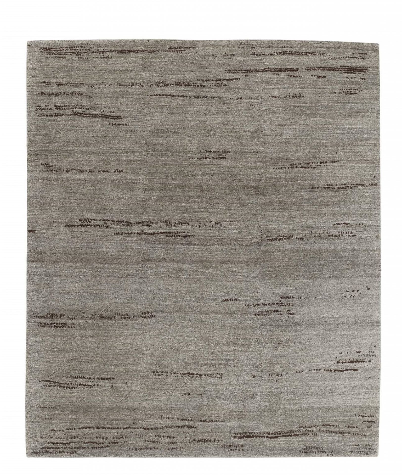 Legends of Carpets Teppich, Modell Walter Knoll, quadratisch, hellgrau mit braunen Akzenten, Detailaufnahme.