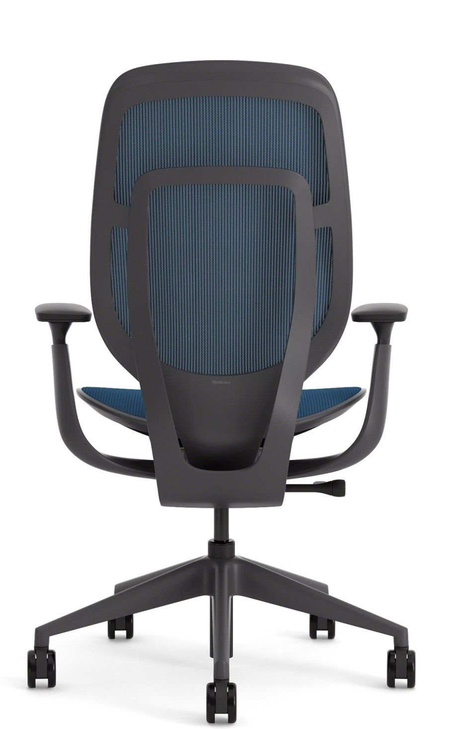 Rückansicht des Steelcase Karman Bürostuhls mit blauer Netzbespannung, ergonomisch und modern.