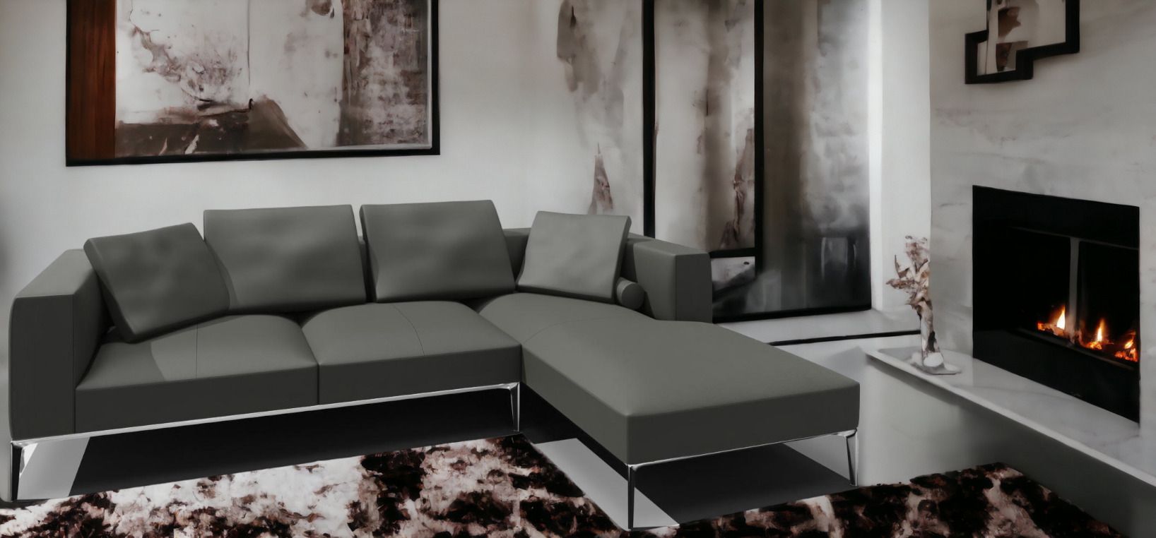 Jaan Living Sofa: Graues 3-Sitzer Sofa mit Kissen und Chromfüßen im modernen Wohnzimmer.