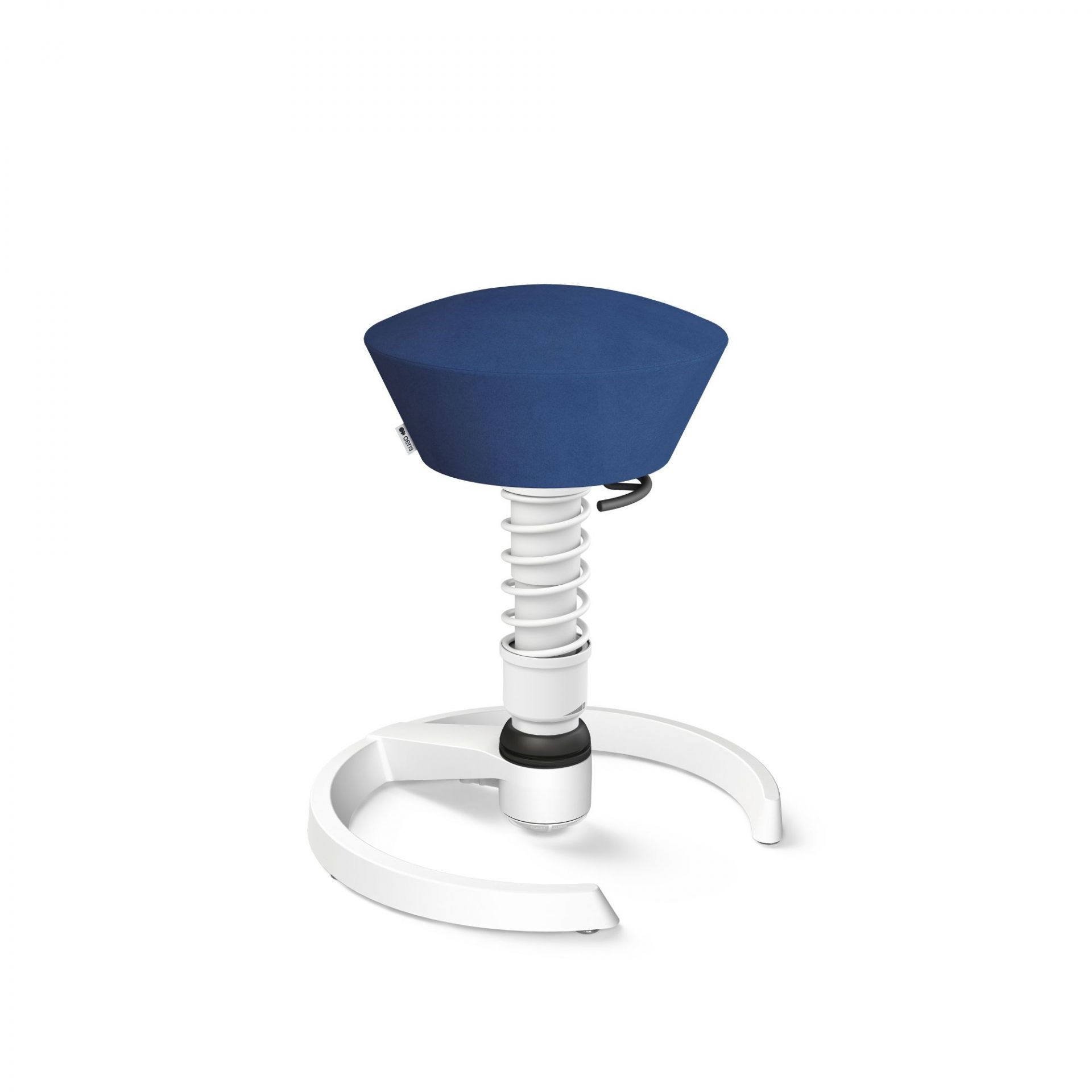 Blauer Swopper Hocker Aeris mit Federung und weißem Fußkreuz für ergonomisches Sitzen.