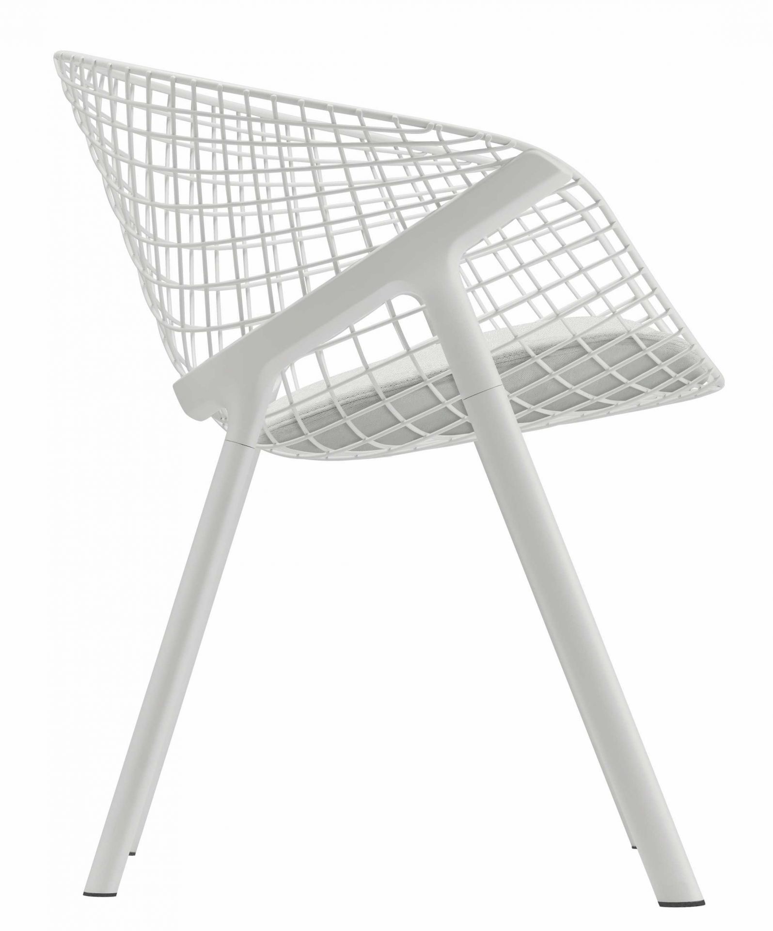 Weißer Kobi Stuhl mit Drahtgeflecht-Sitz und minimalistischem Design für Esszimmer oder Büro.