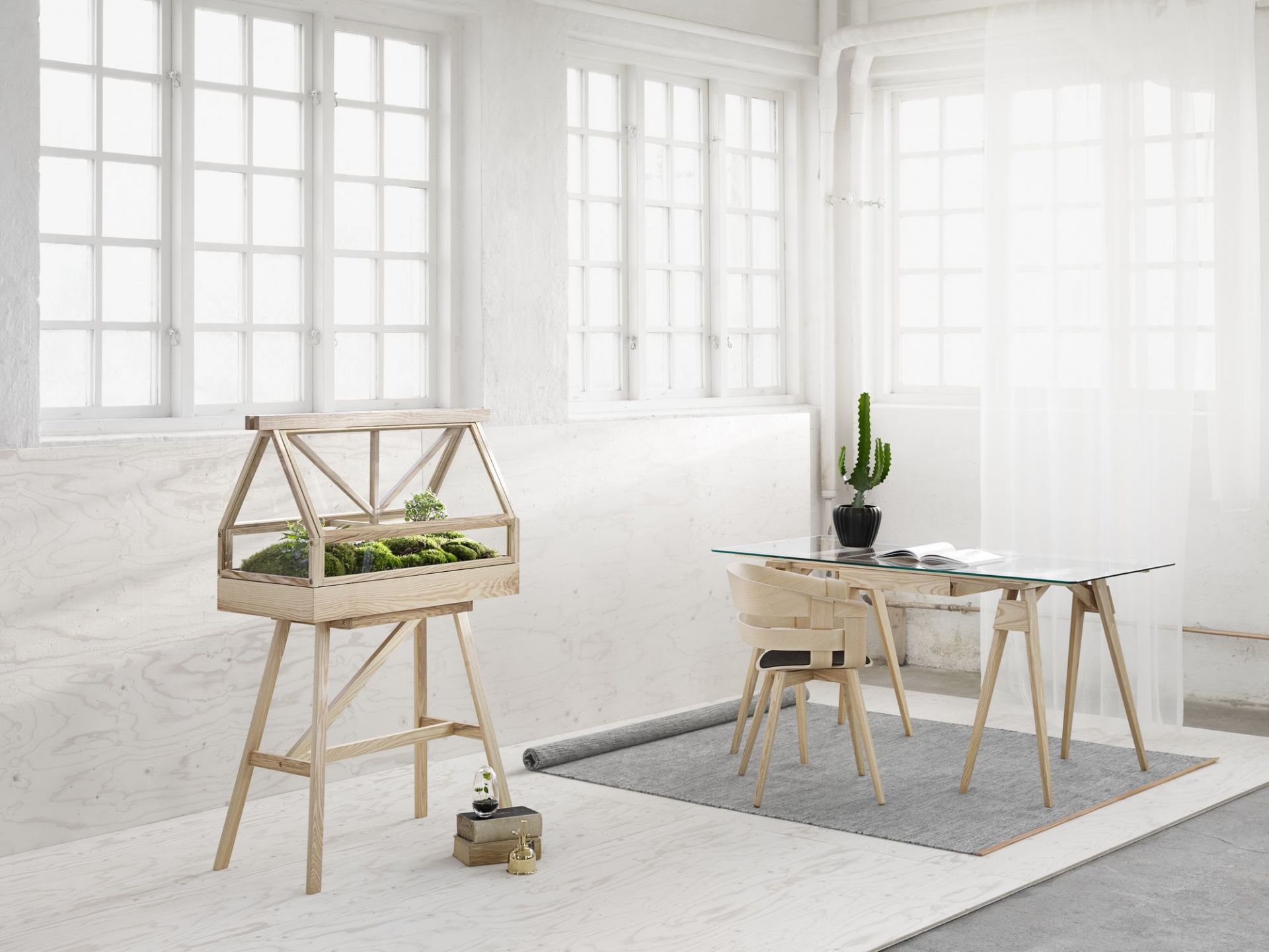 Design House Stockholm Gewächshaus "Greenhouse" mit Pflanzen auf Holzgestell in hellem Raum.