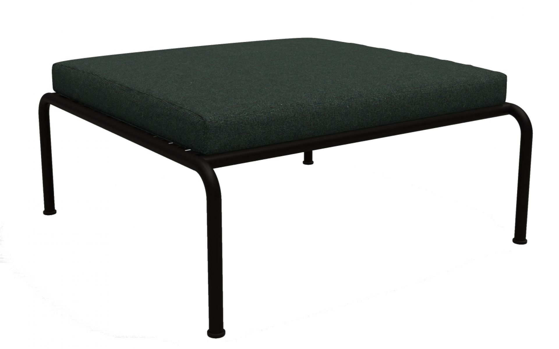 Avon Ottoman: Quadratischer Outdoor Hocker mit dunkelgrünem Kissen und schwarzem Metallgestell.