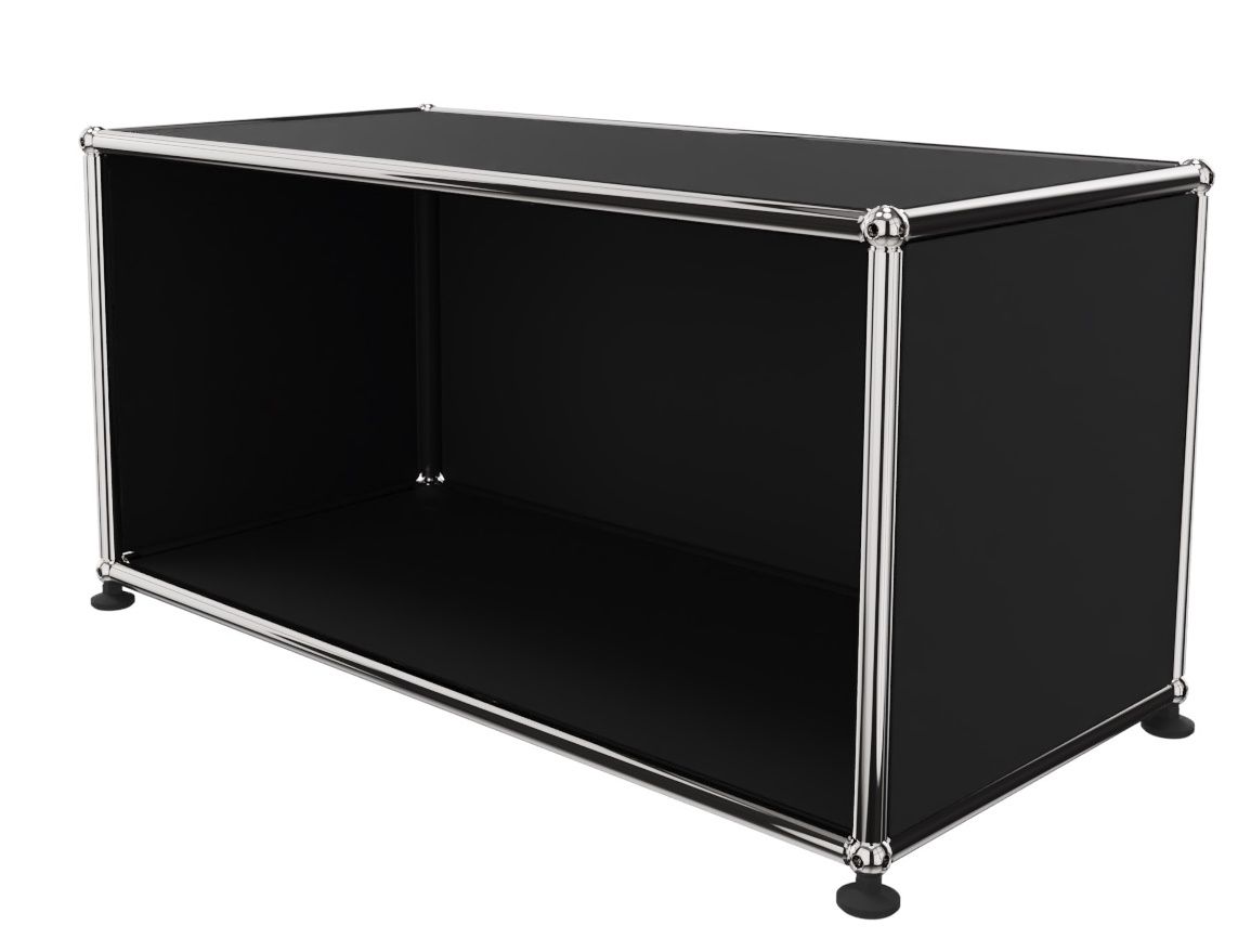 USM Haller Lowboard in Graphitschwarz, offenes Design mit verchromtem Gestell, modernes Möbelstück für Wohnzimmer.