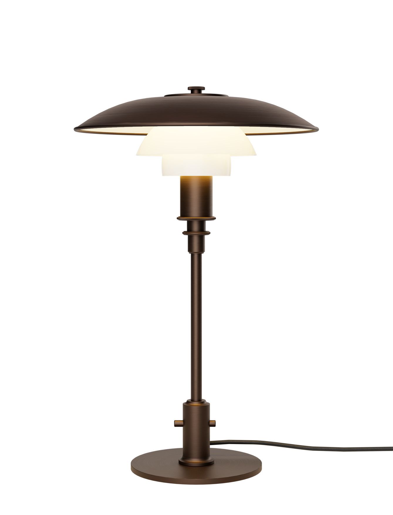 PH 3/2 Aged Brass Tischleuchte von Louis Poulsen mit Opalglas Schirmen und Messinggestell.