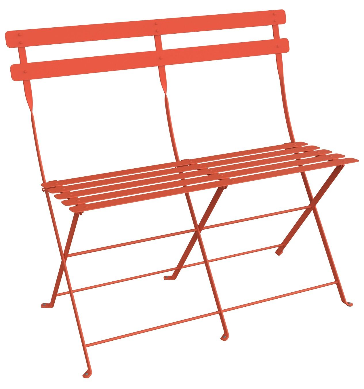 Orangefarbene Bistro 2-Sitzer Klappbank von Fermob für den Außenbereich, ideal für Garten, Balkon und Terrasse.