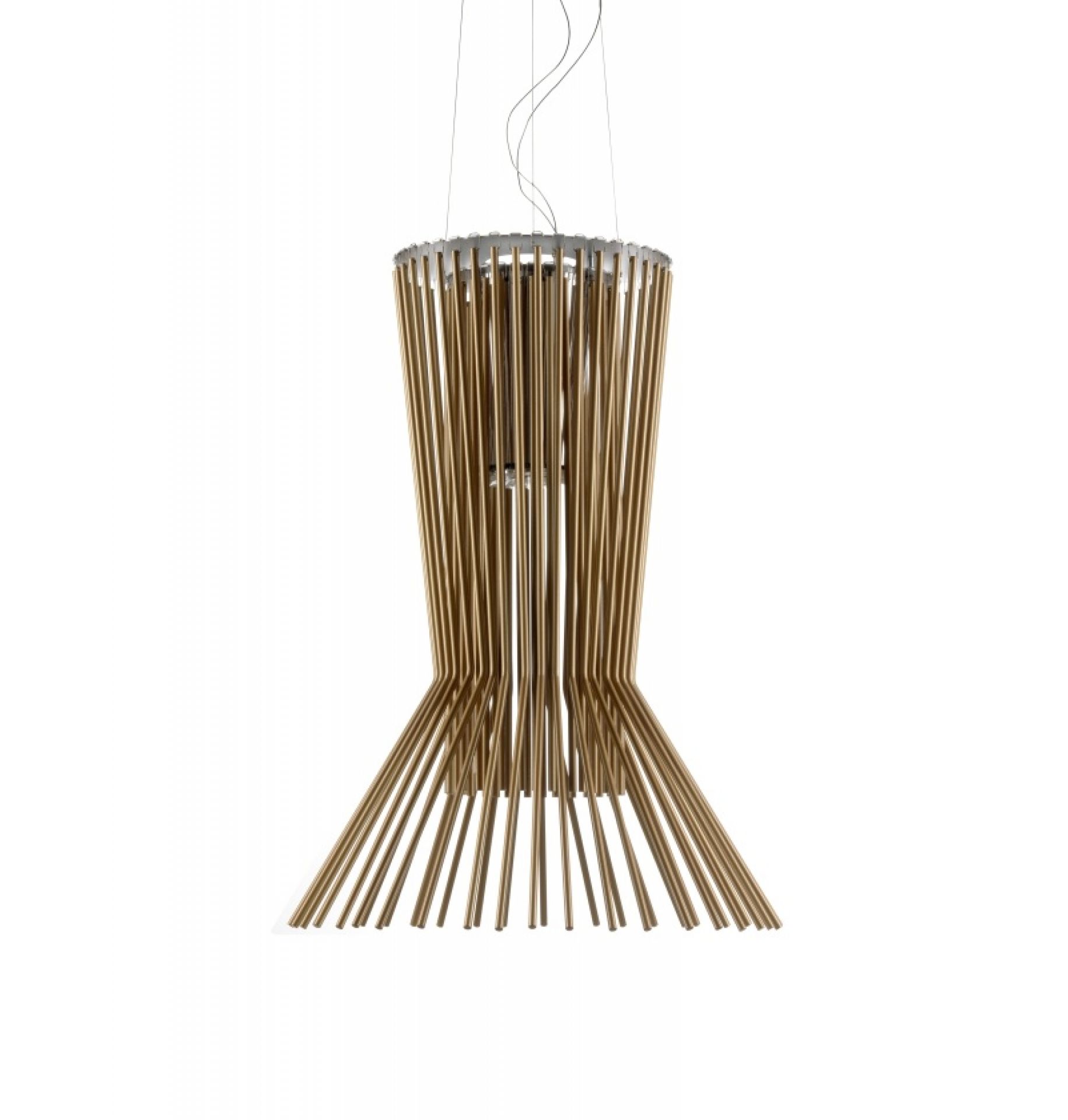 Allegro Vivace Deckenleuchte von Foscarini: Moderne Pendelleuchte aus goldenen Metallstäben für Wohnraumbeleuchtung.