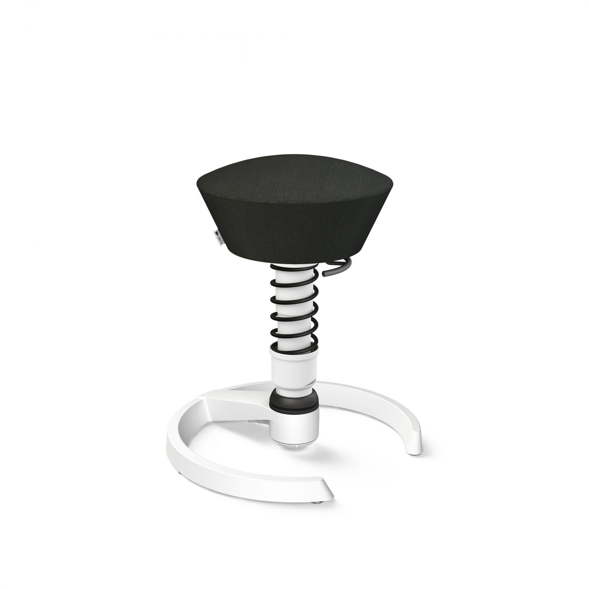 Aeris Swopper Bürostuhl mit schwarzem Bezug und weißem Fußkreuz, dynamisches Sitzen für ergonomisches Arbeiten.