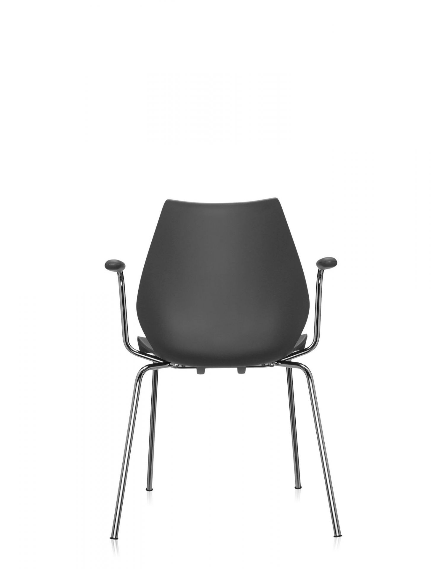 Anthrazitfarbener Maui Stuhl mit Armlehnen von Kartell, Ansicht von hinten, Chromgestell, Design Bürostuhl.