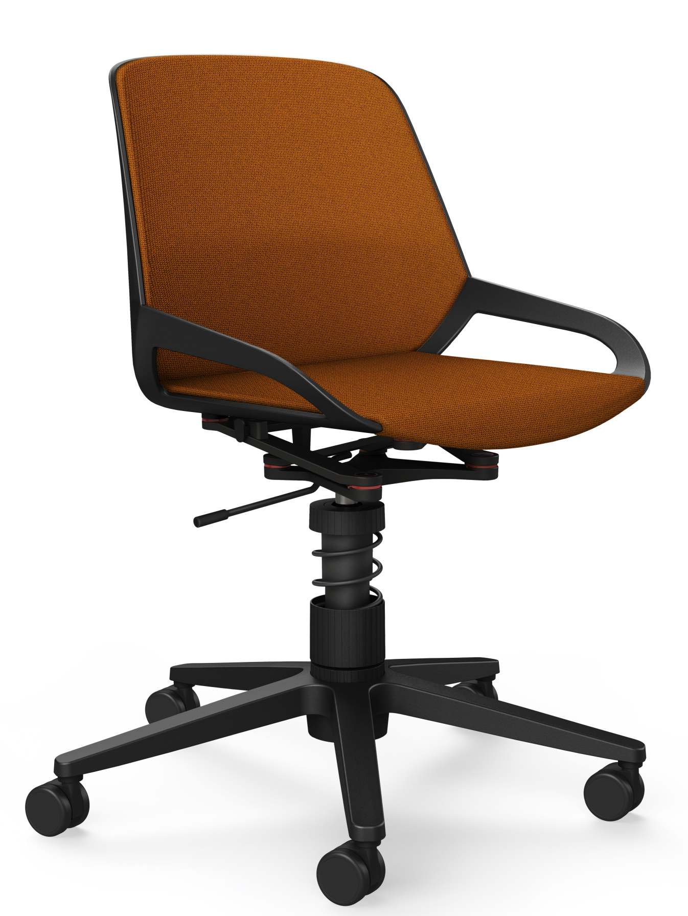 Numo Task Bürodrehstuhl von Aeris in Orange mit schwarzem Gestell und Rollen, ergonomischer Arbeitsstuhl.