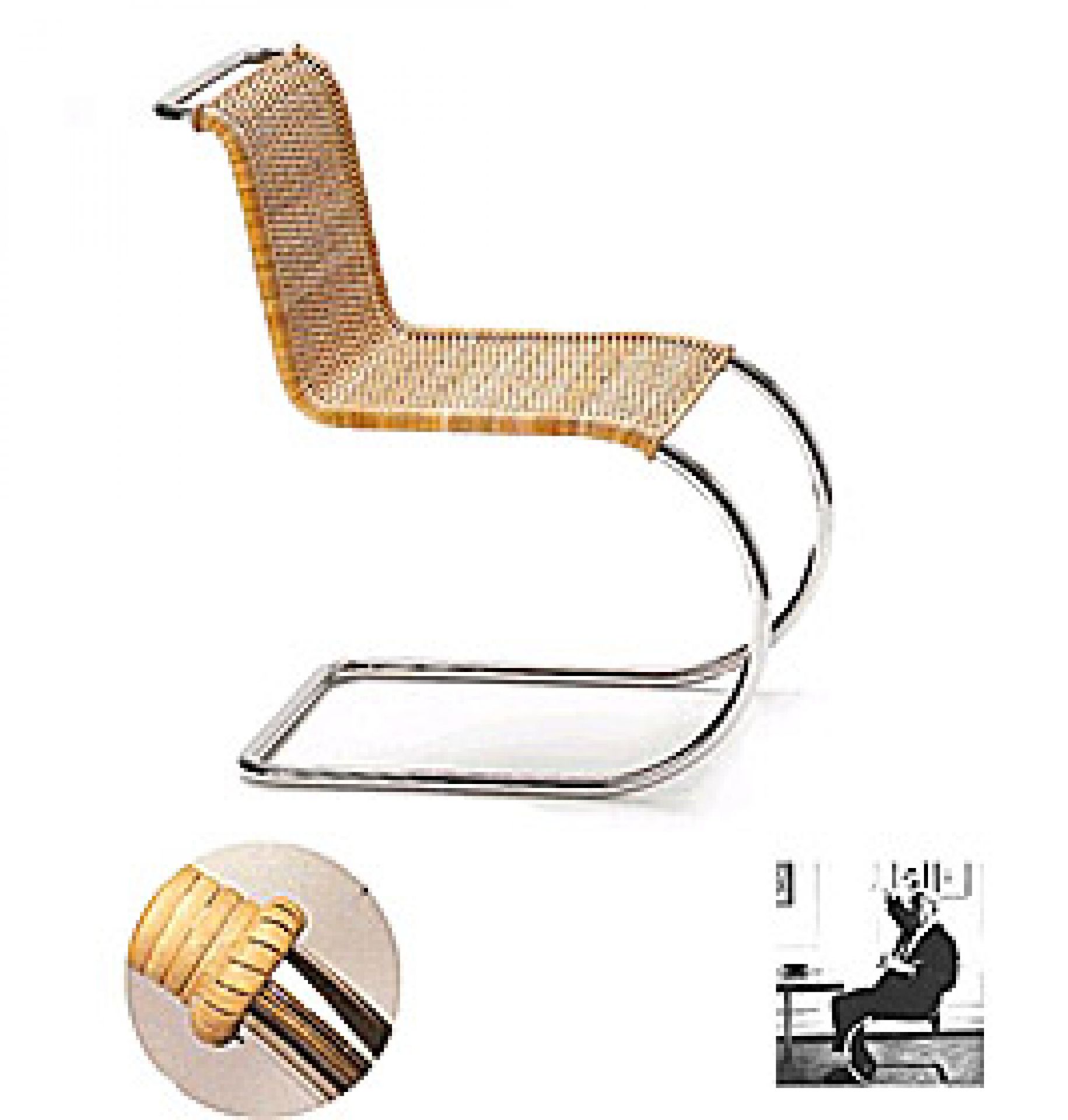Freischwinger Stuhl aus Rattan und Chrom, modernes Design für Esszimmer und Wohnbereich, Detailaufnahme Sitzfläche.