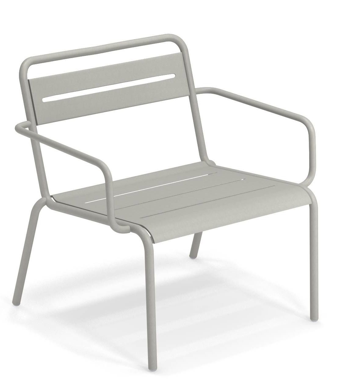 Grauer Star Lounge Chair Sessel von Emu für den Außenbereich, mit Armlehnen und Lattenmuster.
