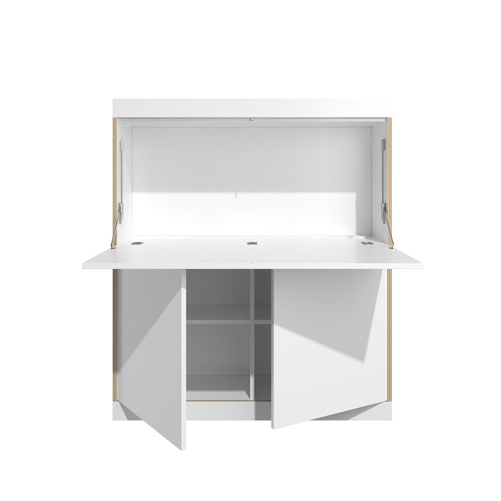 Weißer FLAI Sekretär von Müller Möbelwerkstätten, geöffnet, mit Stauraum und Arbeitsfläche für Home-Office.