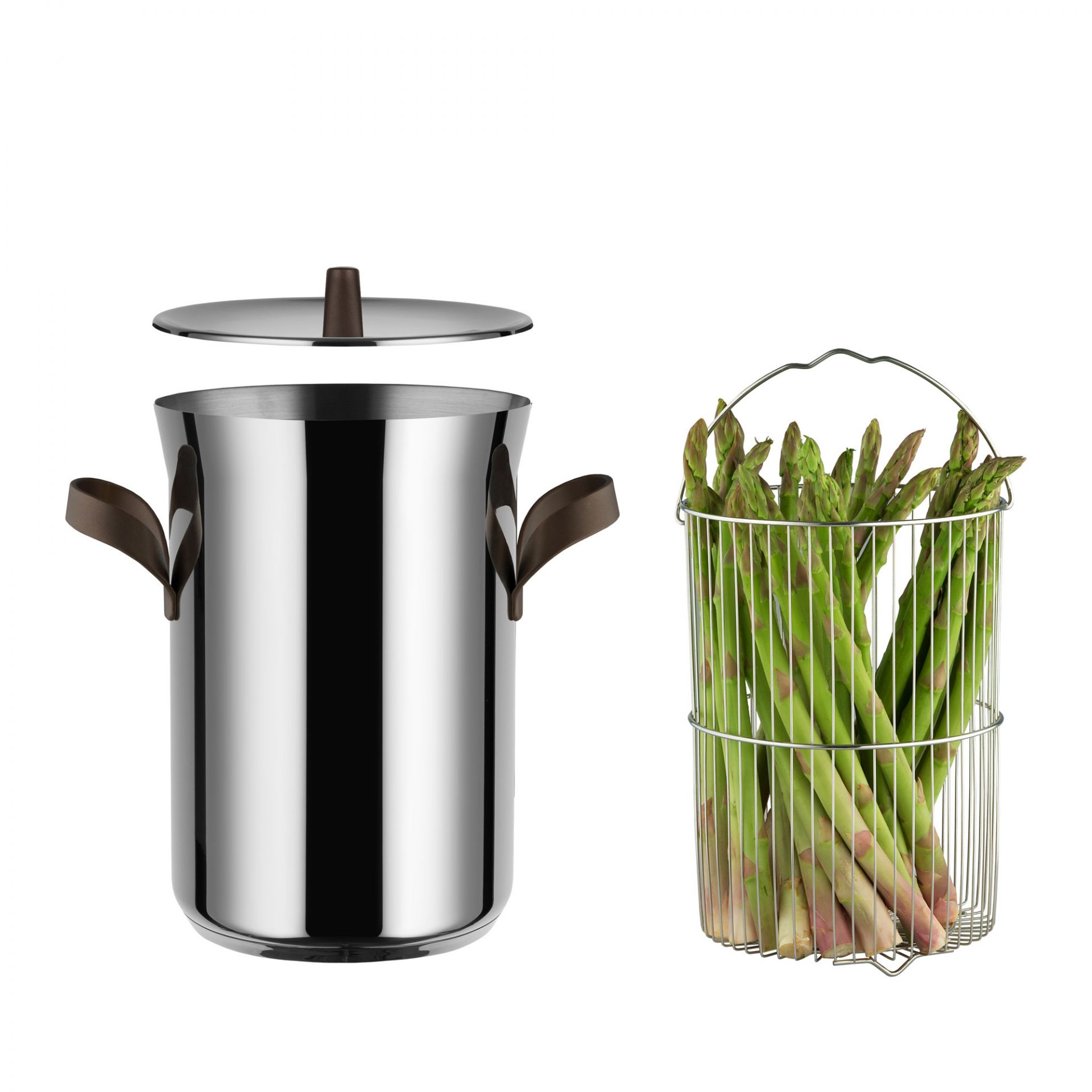 Alessi Edo Spargeltopf mit Korb und Deckel aus Edelstahl, gefüllt mit frischem Spargel.