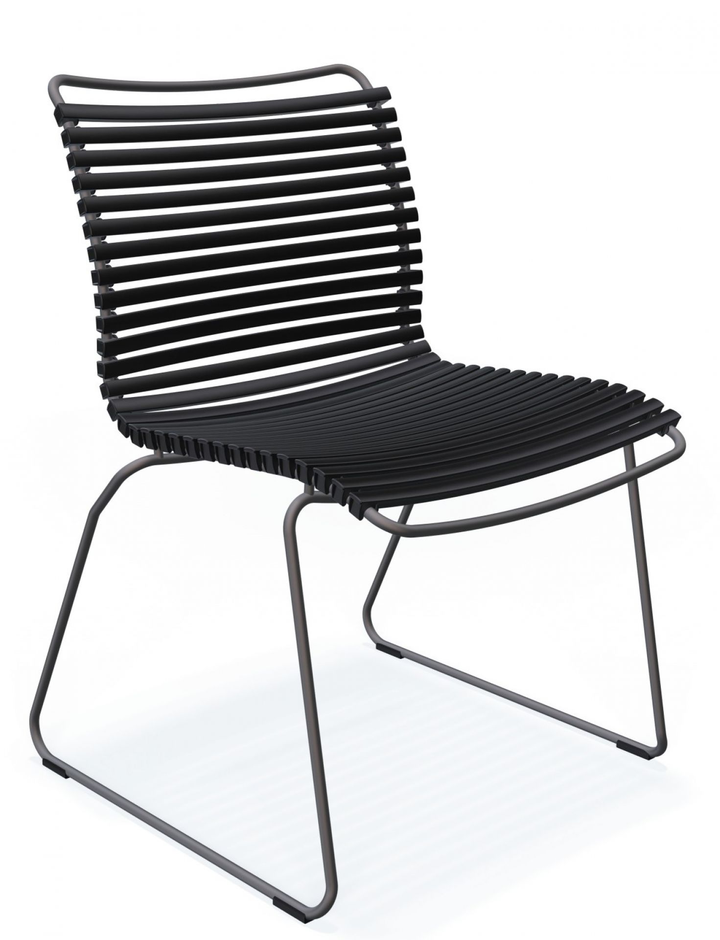 Schwarzer Click Dining Stuhl von Houe ohne Armlehne für den Außenbereich. Gartenstuhl mit Lamellensitz.