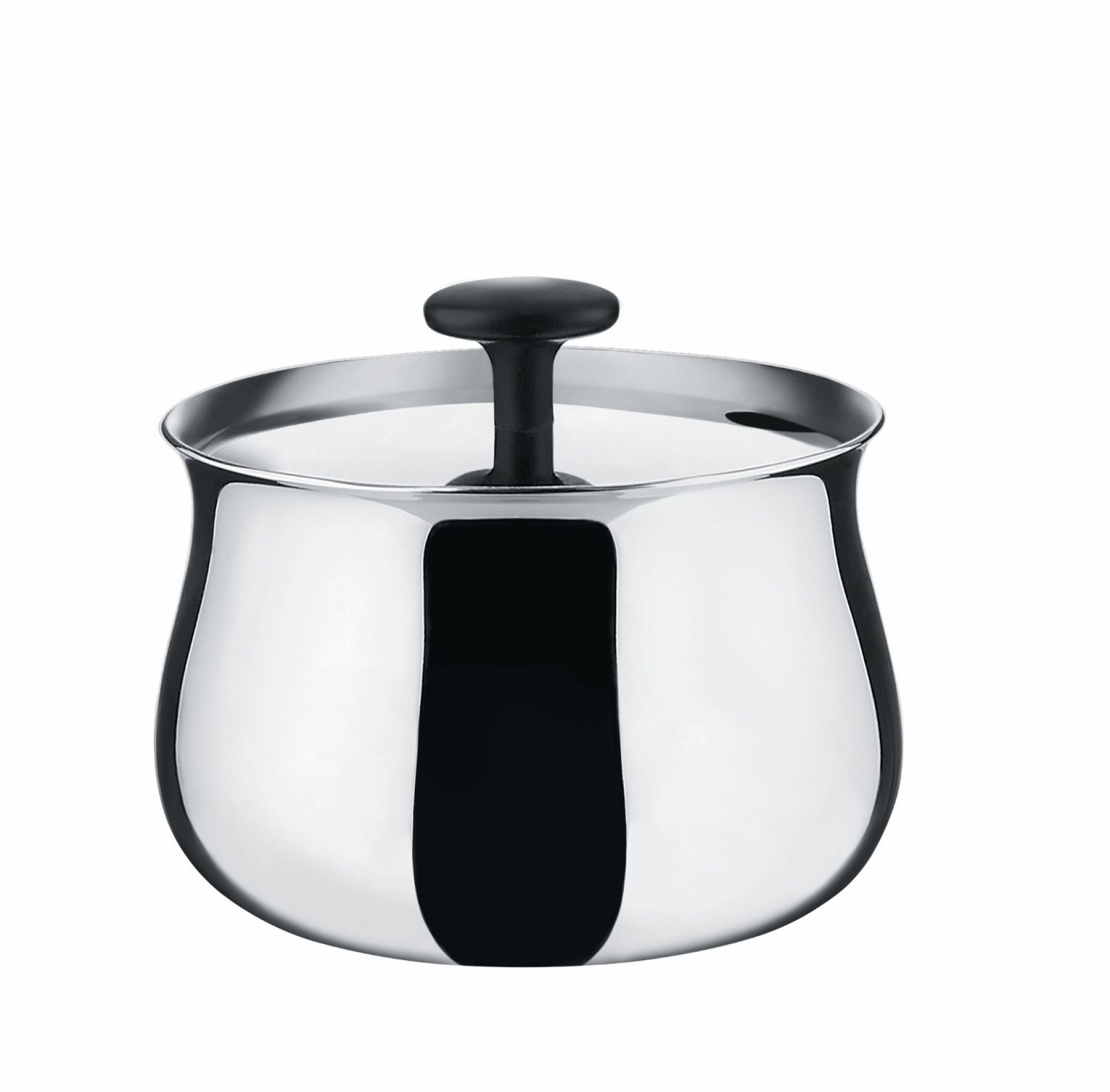 NF03 Cha Zuckerdose von Alessi: Edelstahl Zuckerdose mit Deckel und schwarzem Griff.