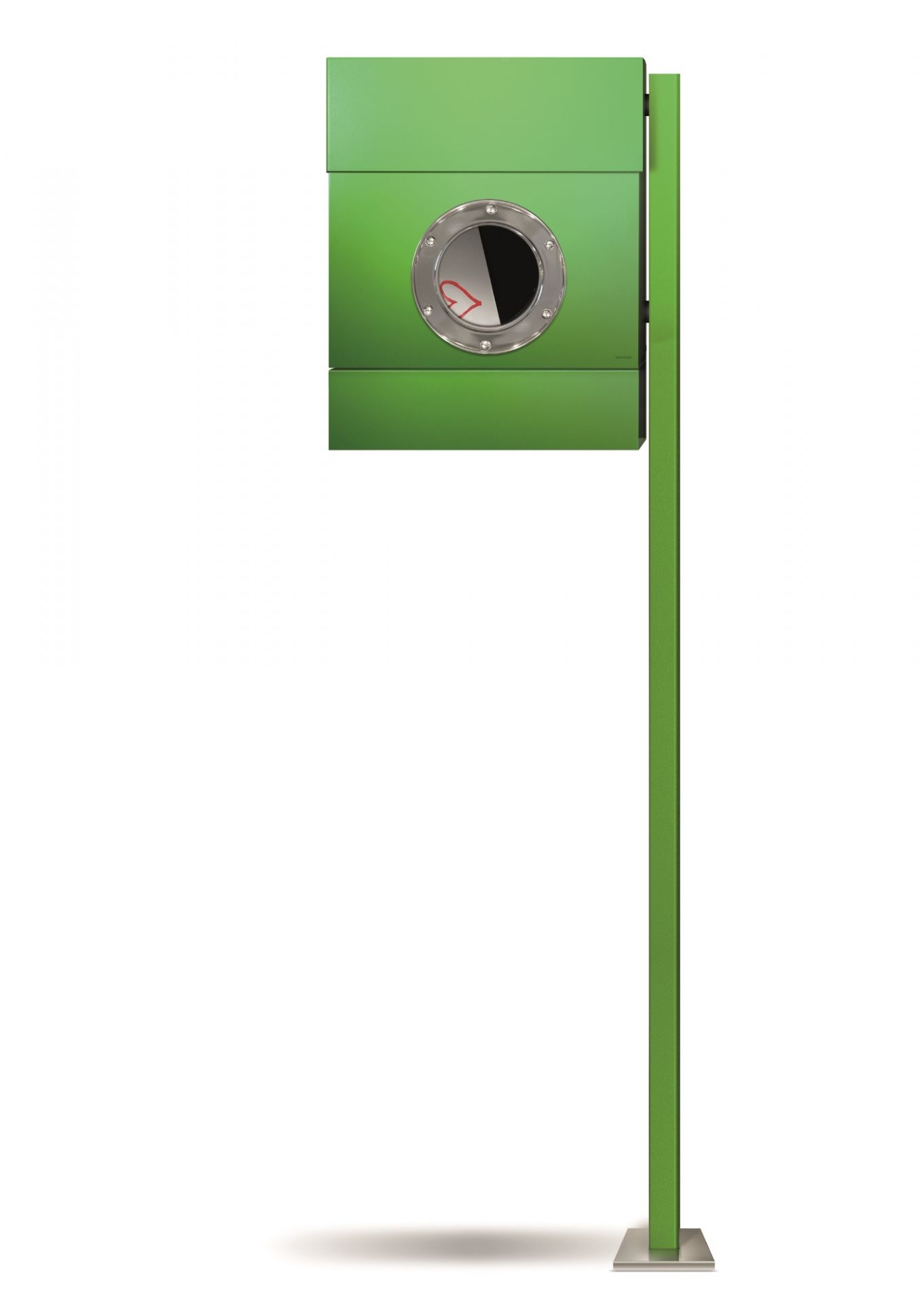 Grüner Letterman Briefkasten mit Ständer und rundem Sichtfenster aus Edelstahl. Moderner Briefkasten für Haus und Garten.