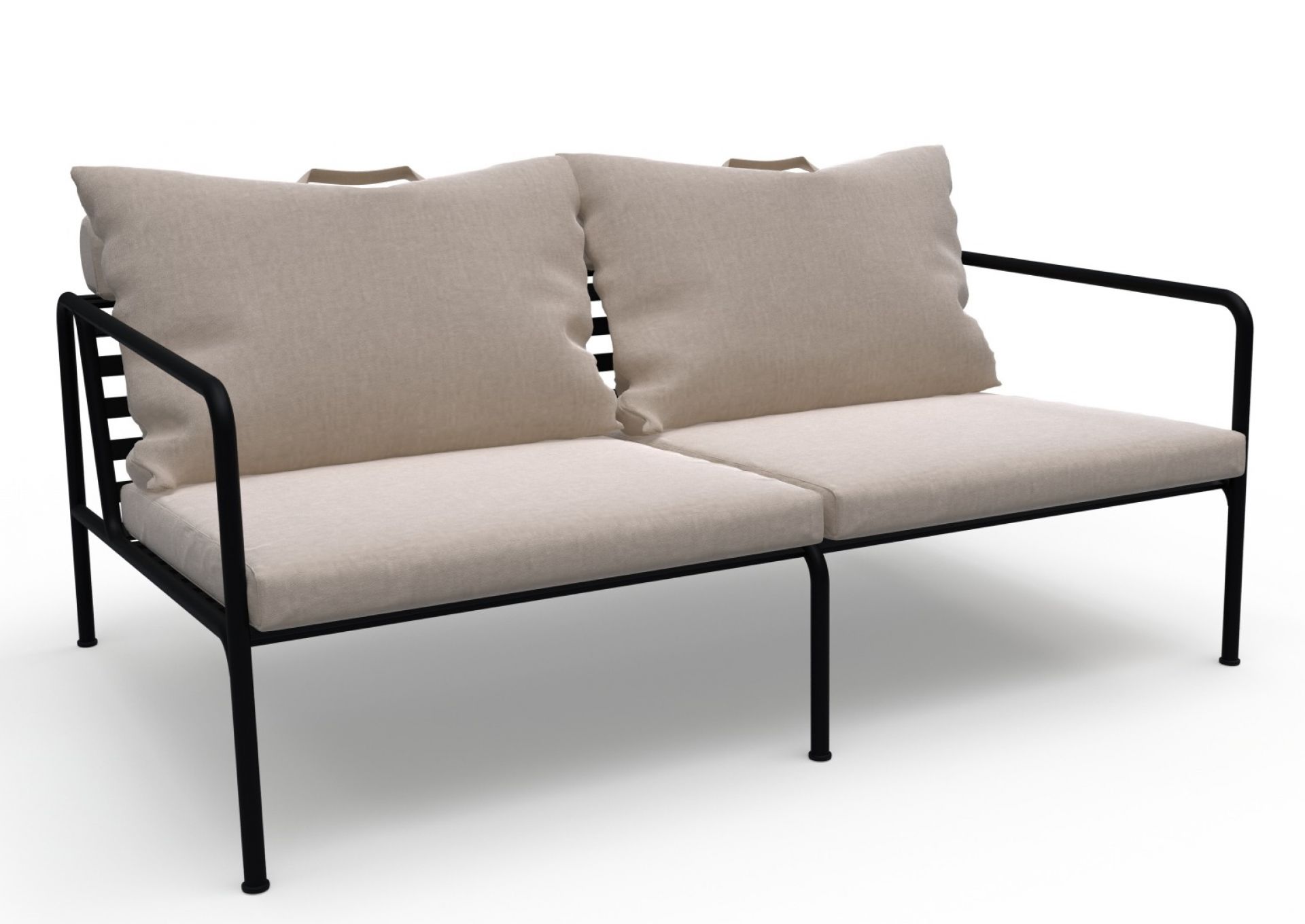Avon 2-Sitzer Sofa von Houe für den Außenbereich mit schwarzen Metallrahmen und beigen Kissen.