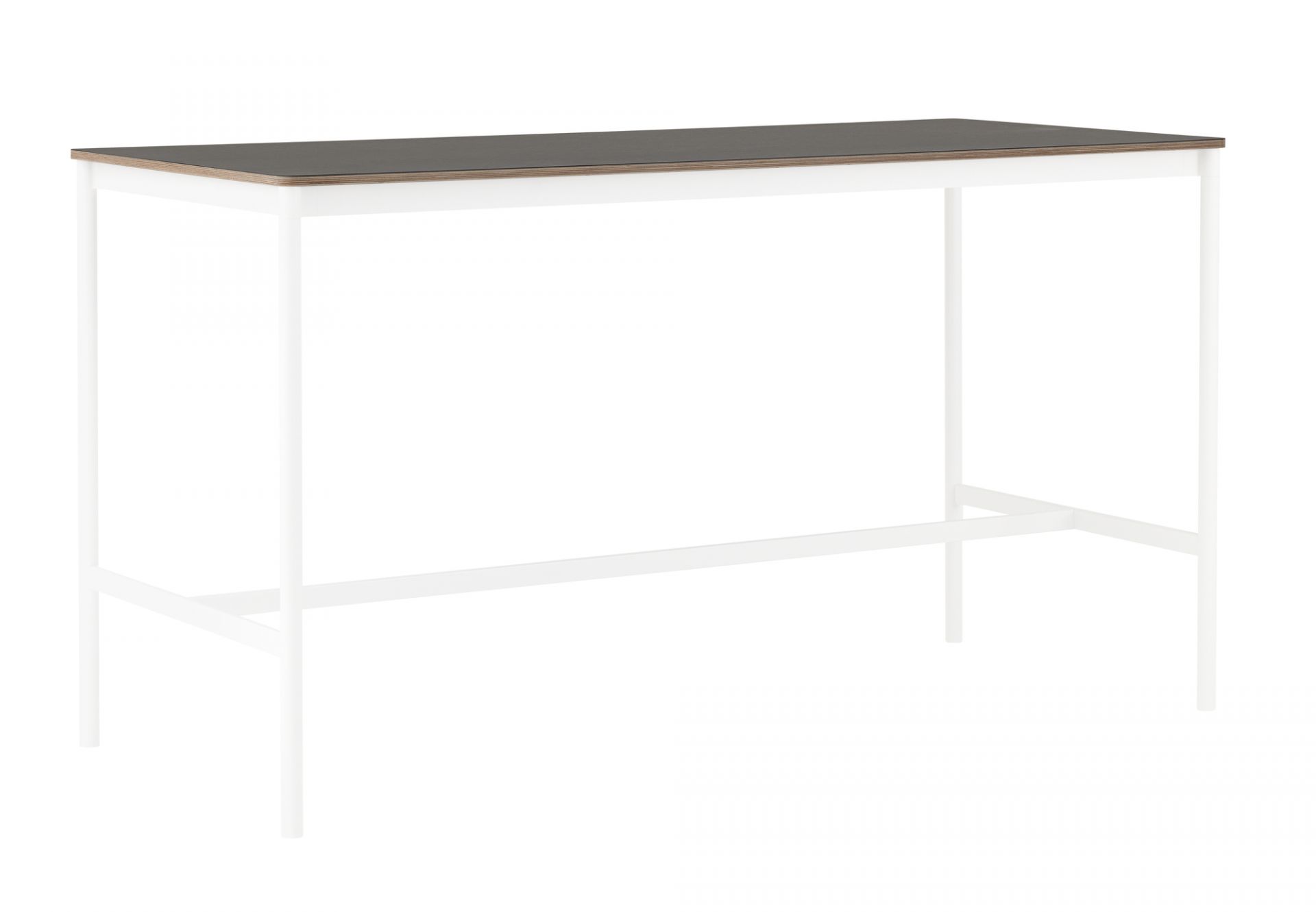 Muuto Base High Table: Stehtisch mit dunkler Tischplatte und weißem Stahlgestell für Büro und Zuhause.