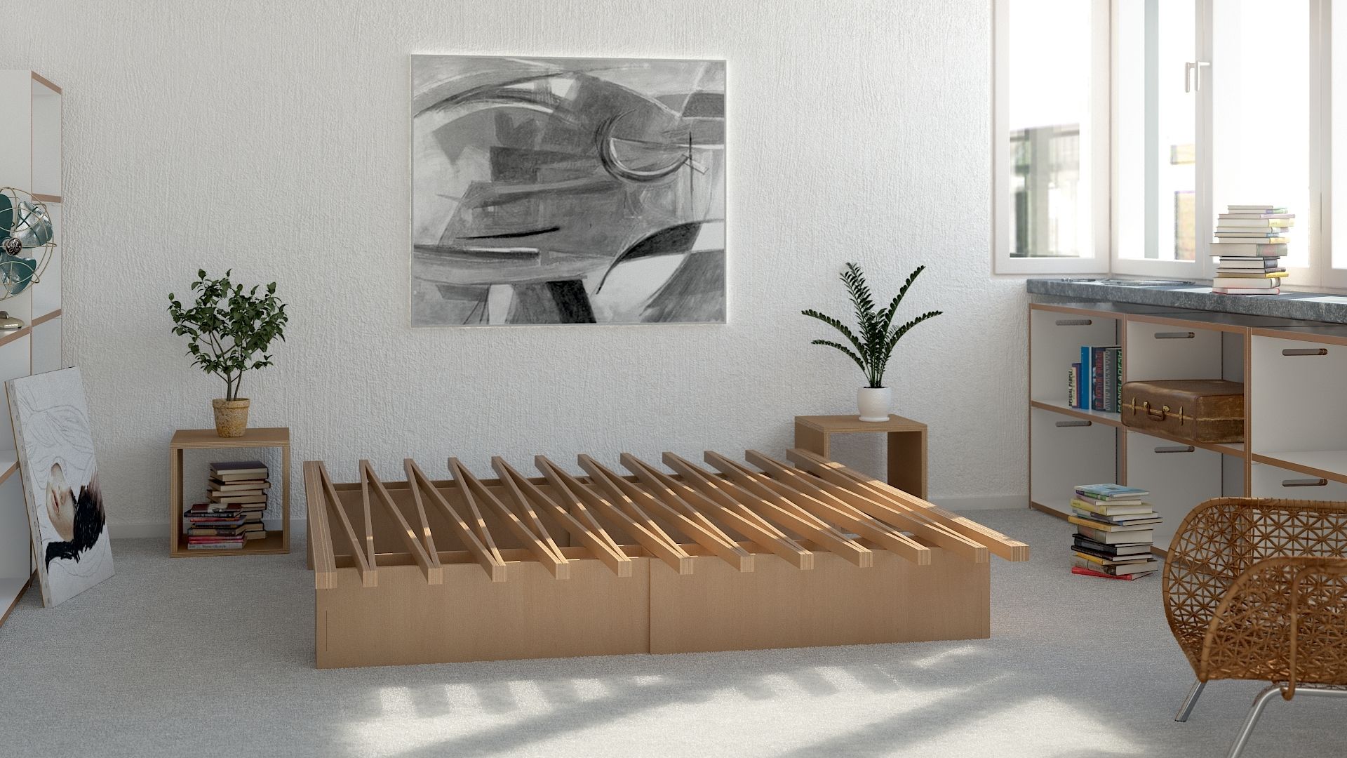 V Bett von Tojo, minimalistisches Holz Bettgestell im modernen Schlafzimmer mit Kunst und Pflanzen.