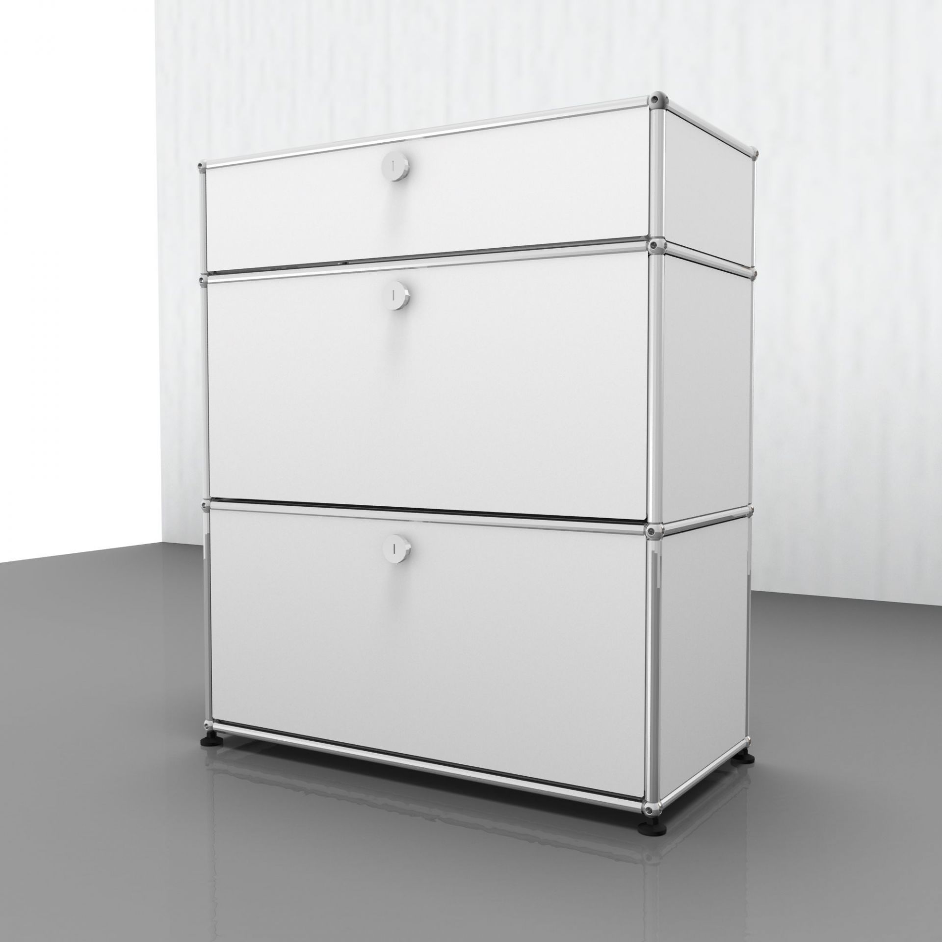 USM Haller Highboard in Rubinrot mit zwei Klappen, modernes Designmöbel für stilvolle Wohnräume.