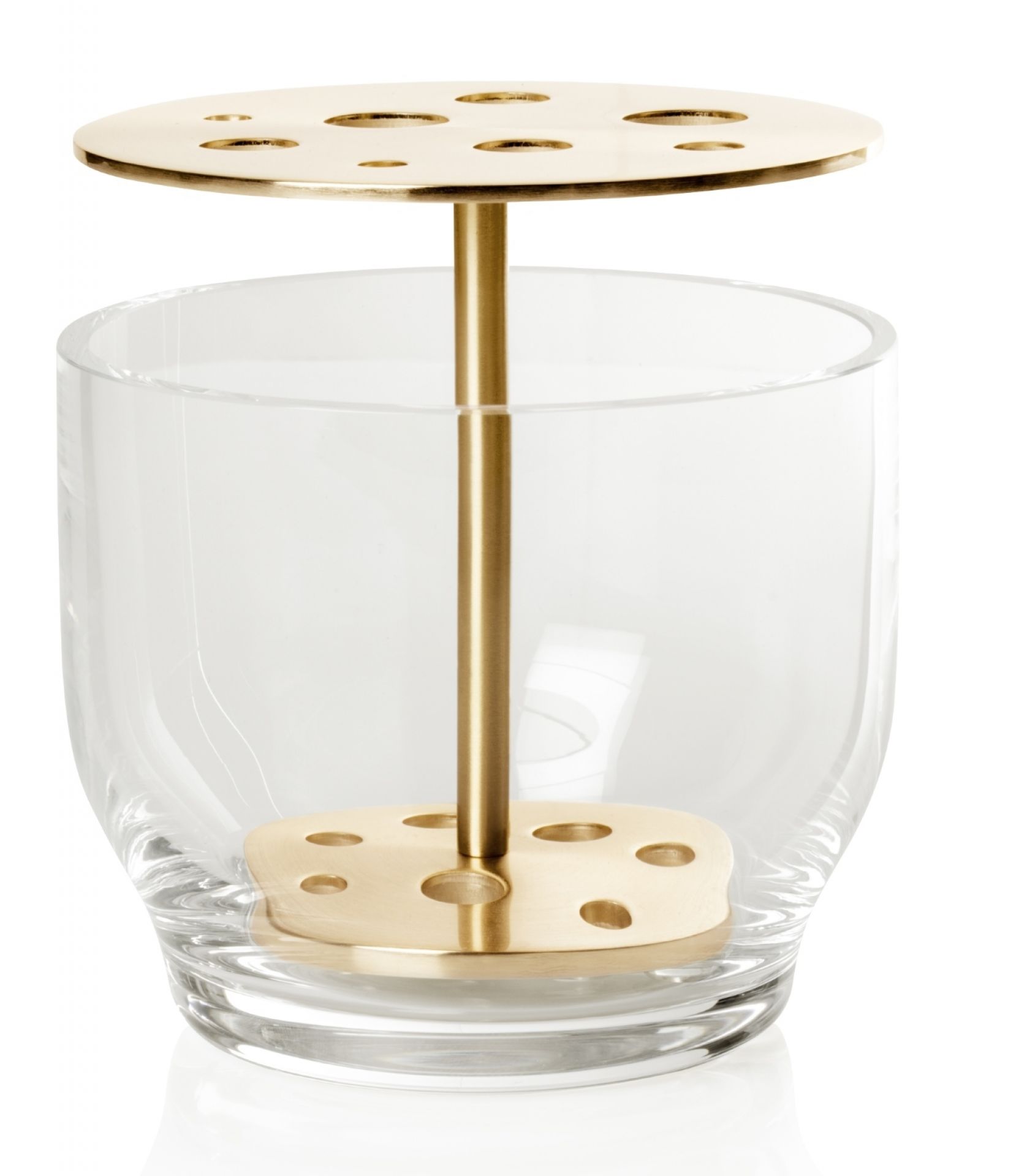 Kleine Ikebana Vase von Fritz Hansen: Glasvase mit goldenem Blumenigel für japanische Blumenkunst.
