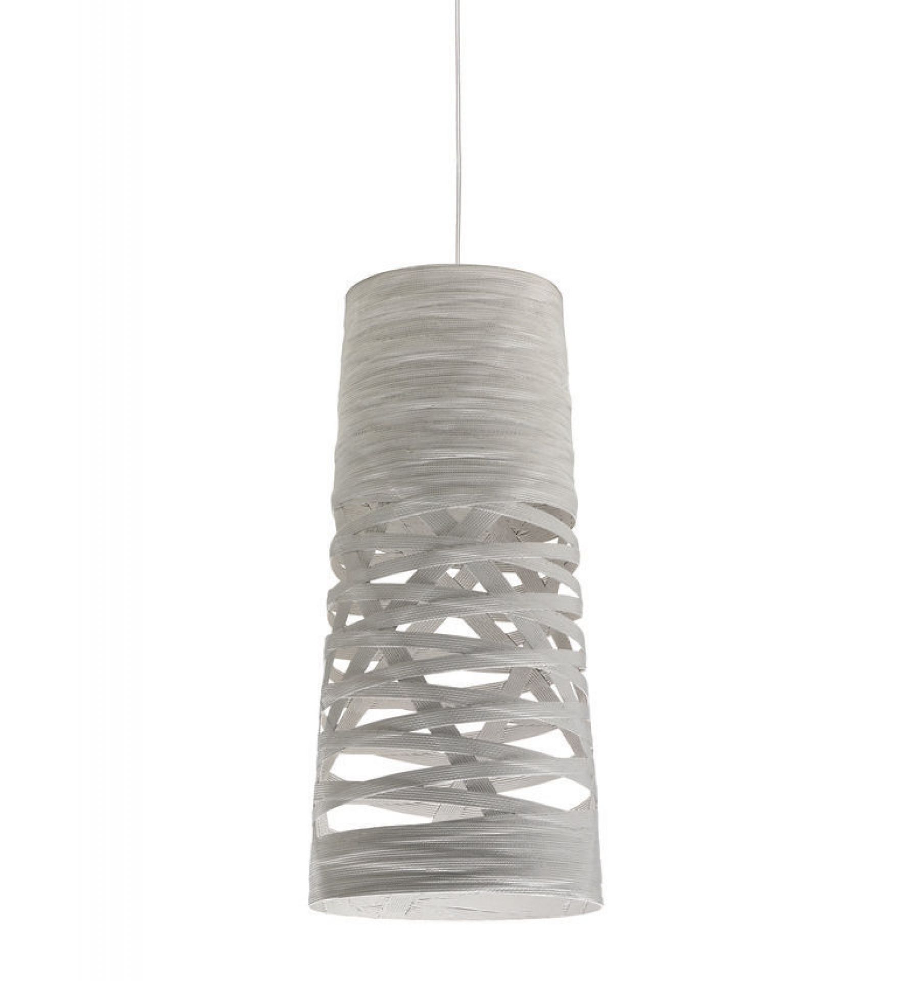 Weiße Tress Mini Pendelleuchte von Foscarini, moderne Hängelampe mit geflochtenem Design für stilvolle Innenbeleuchtung.